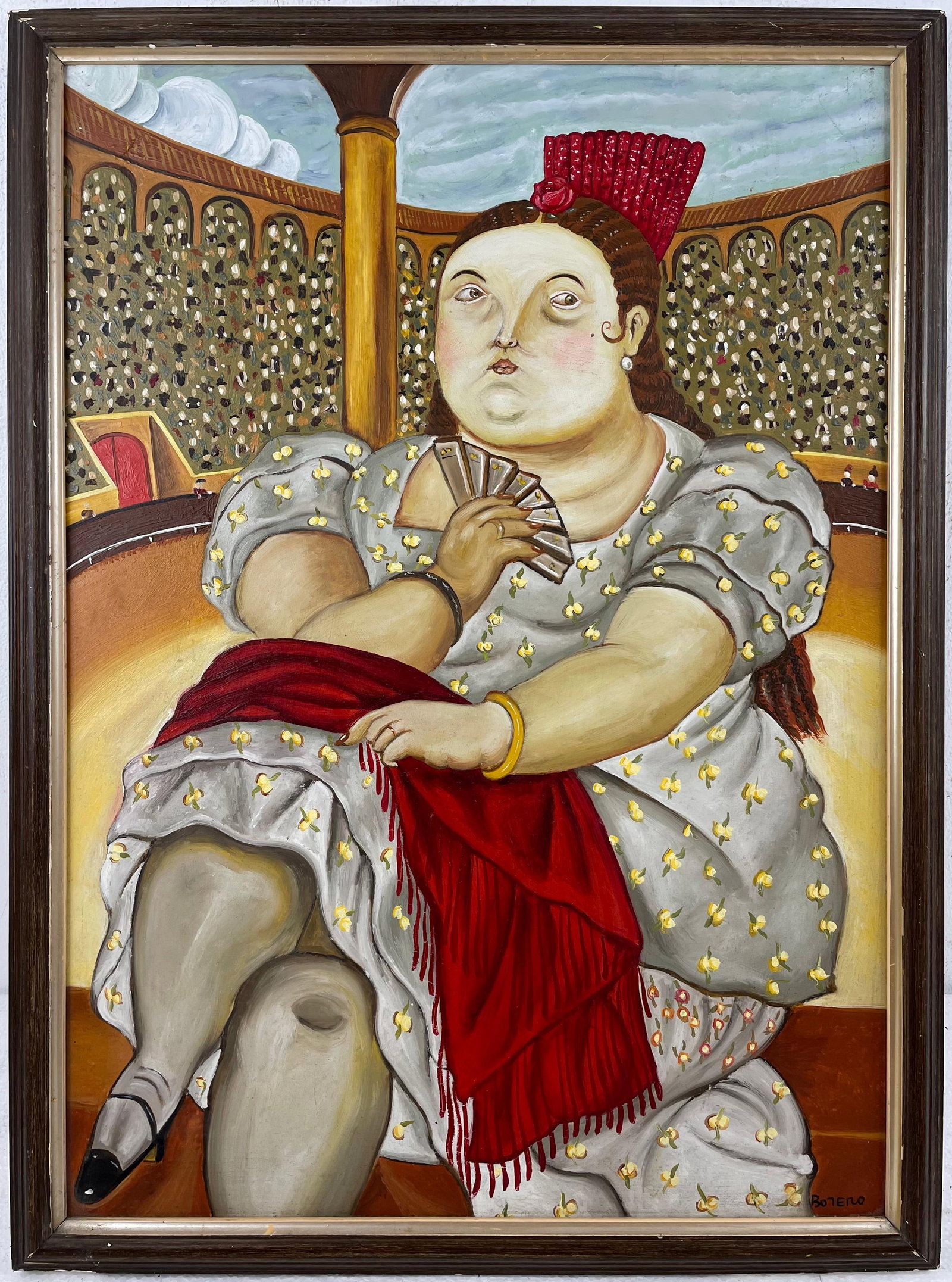 Fernando Botero (Oil on cardboard painting) Style of: Oil on cardboard painting 19 x 26 inches, rendered in the style of Fernando Botero (19 Apr 1932 - 15 Sep 2023) was a Colombian figurative artist and sculptor. His signature style, also known as "Boter