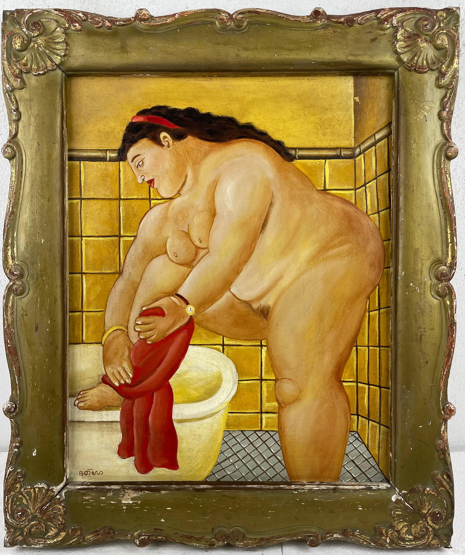 Fernando Botero (Oil on cardboard painting) Style of: Oil on cardboard painting 21 x 25 inches, rendered in the style of Fernando Botero (19 Apr 1932 - 15 Sep 2023) was a Colombian figurative artist and sculptor. His signature style, also known as "Boter