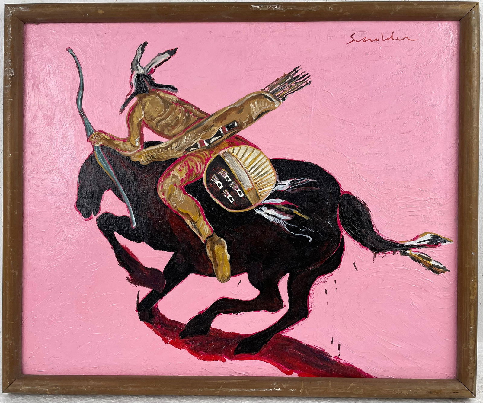 Fritz Scholder (Oil on canvas painting) Style of: Oil on canvas painting 19 x 23 inches, rendered in the style of Fritz Scholder (06 Oct 1937 - 10 Feb 2005) was a Native American artist, who produced paintings, monotypes, lithographs, and sculptures.