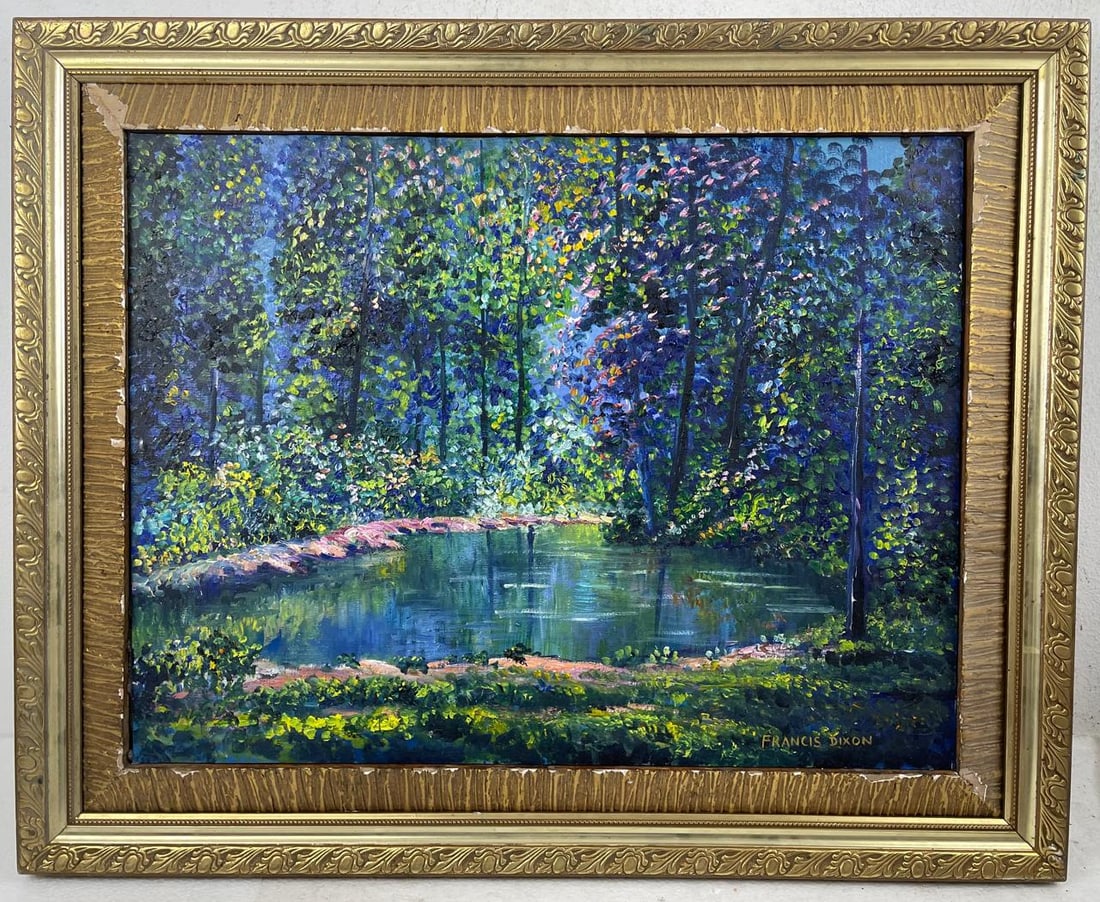 Francis Dixon (Oil on wood painting) Style of: Oil on wood painting 24½ x 30 inches, rendered in the style of Francis Dixon (18 Sep 1879 - 06 Jan 1967) was an American Impressionist painter known for landscapes and seascape paintings. Prove