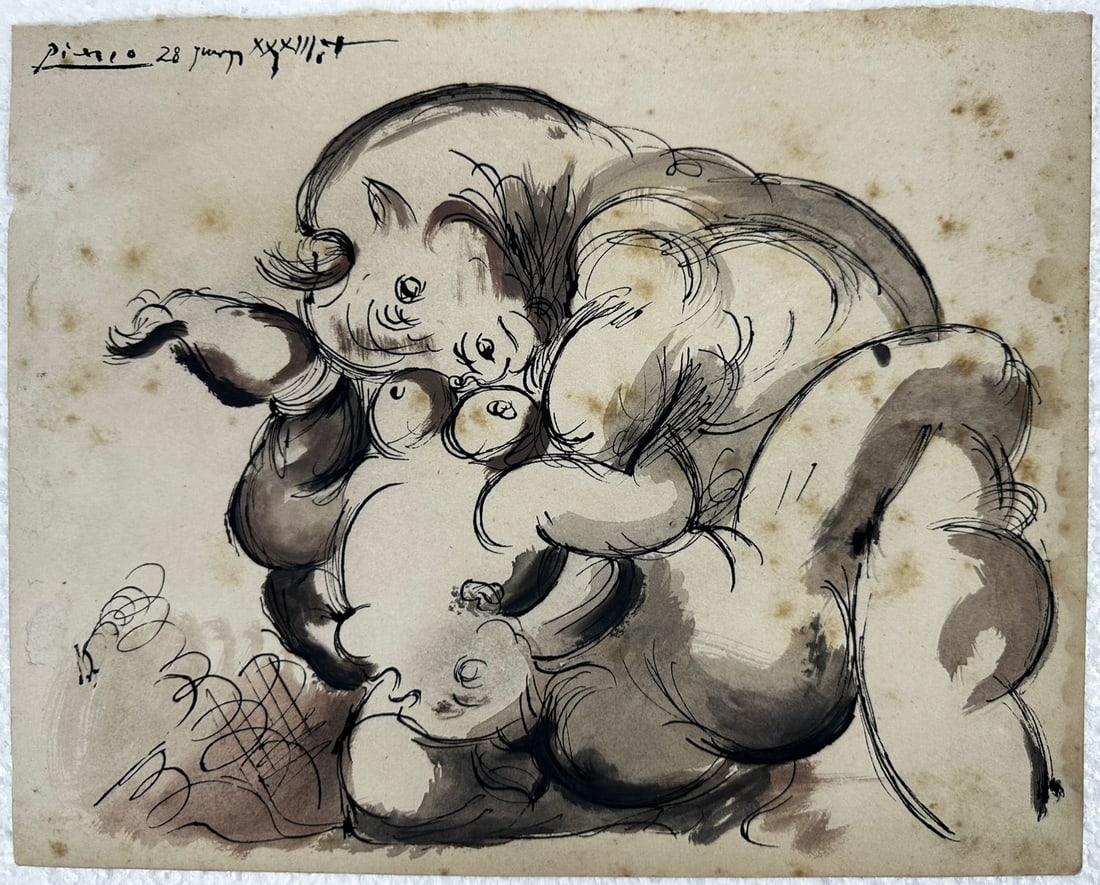 Pablo Picasso Spanish (Gouache and ink on Paper Painting) Style of: Gouache and ink on paper 10 x 12½ inches, rendered in the style of Pablo Picasso (25 Oct 1881 - 08 Apr 1973) was a Spanish painter,he grew up in Barcelona, showing artistic talent at an early a