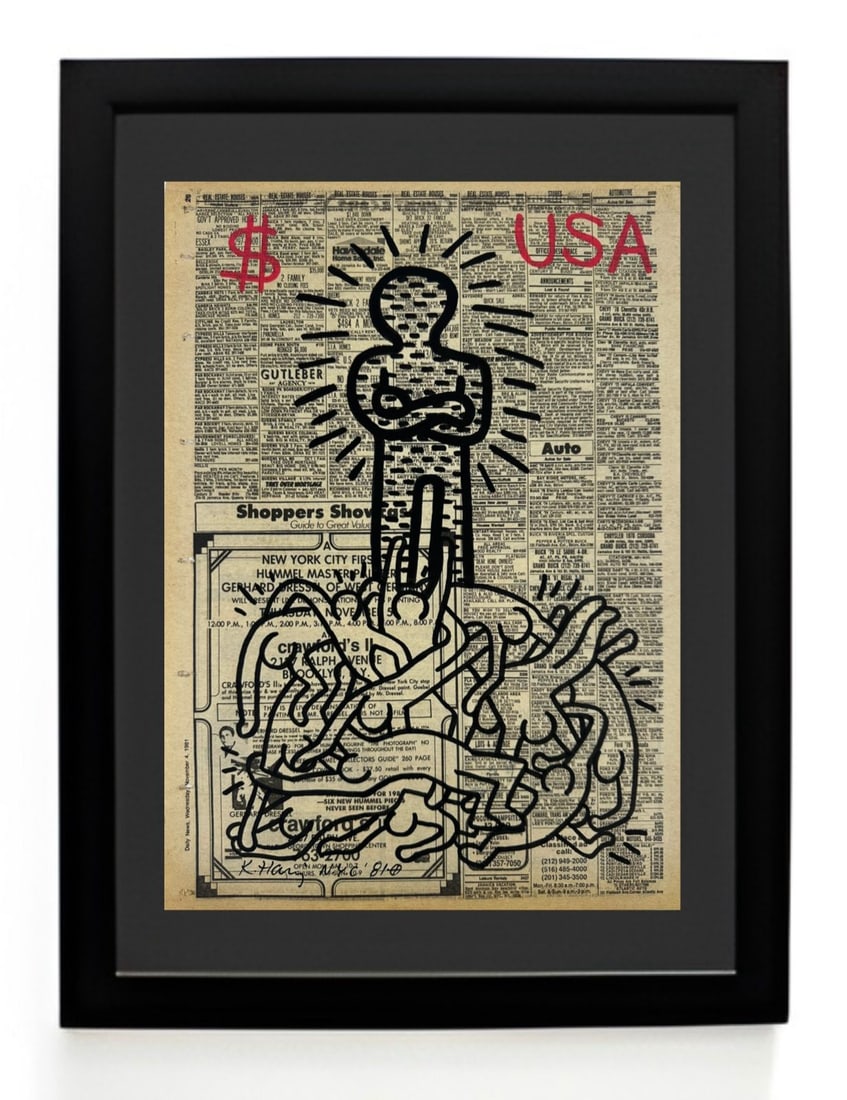Keith Haring American (Ink marker on newspaper) Style of: Ink marker on newspaper 10½ x 14½ inches, rendered in the style of Keith Haring (04 May 1958 - 16 Feb 1990) was an American artist whose pop art emerged from the New York City graffiti s