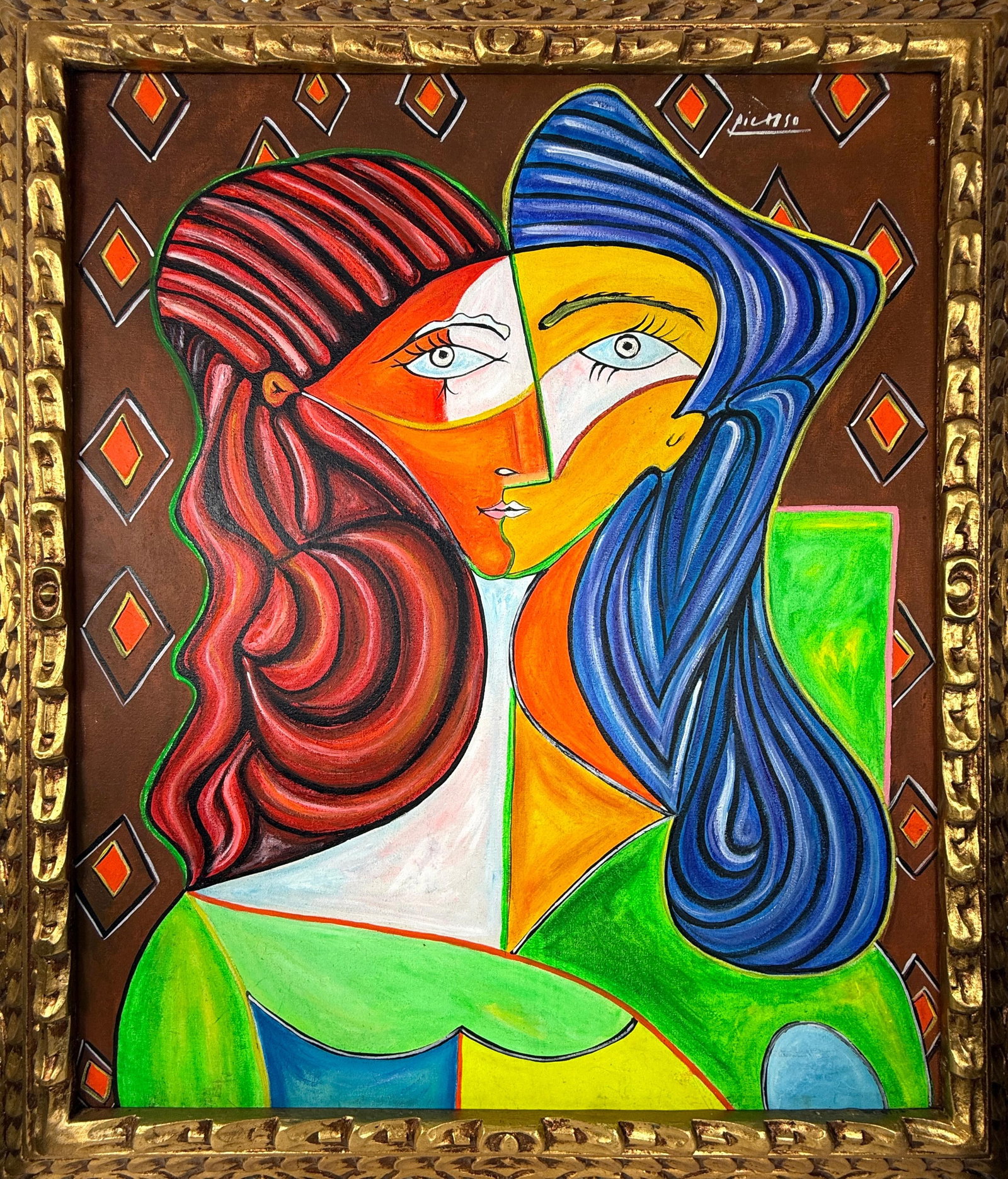 Pablo Picasso Spanish (Oil on canvas painting) Style of: Oil on canvas painting 25 x 29 inches, rendered in the style of Pablo Picasso (25 Oct 1881 - 08 Apr 1973) was a Spanish painter,he grew up in Barcelona, showing artistic talent at an early age. Proven
