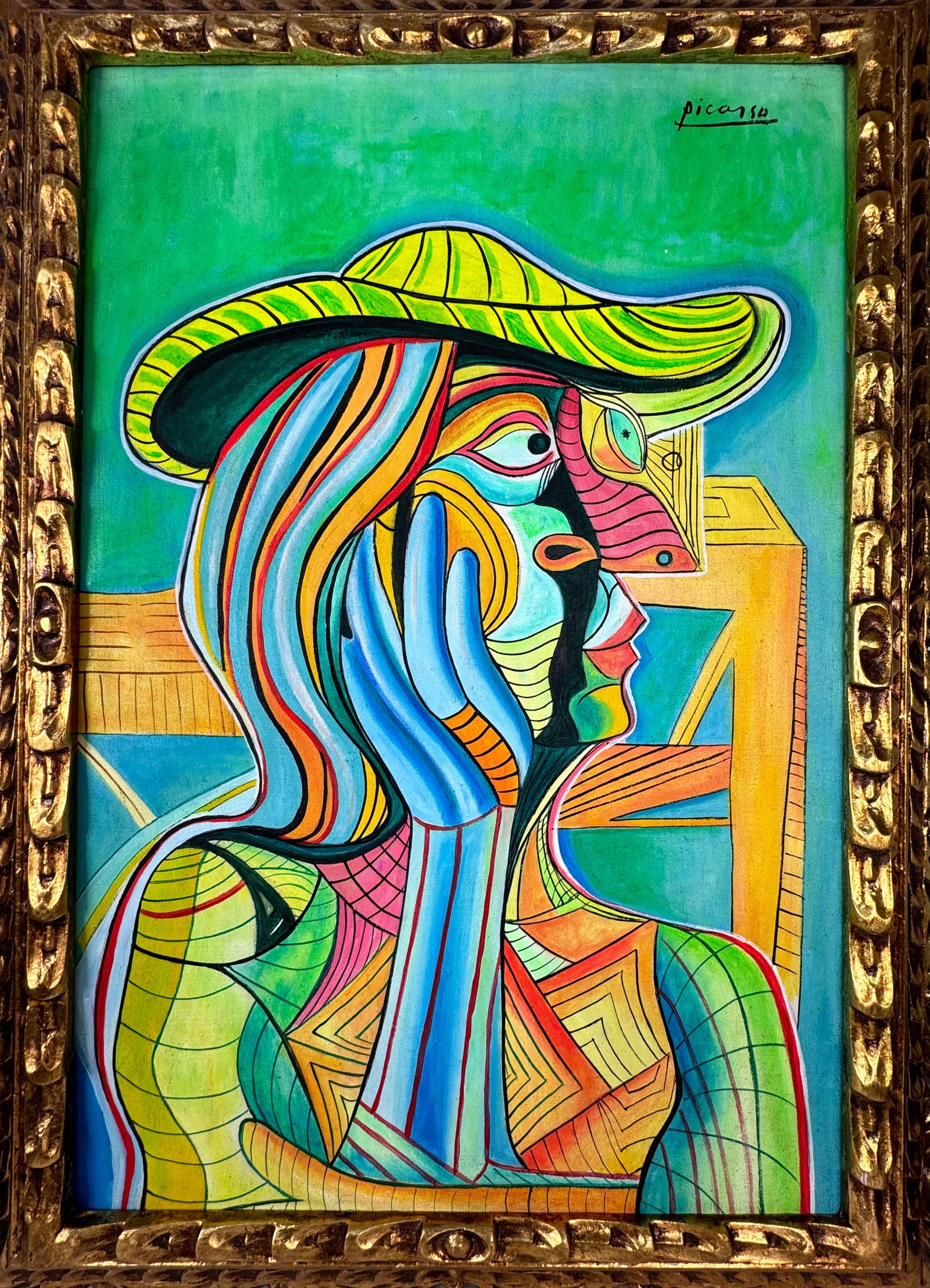 Pablo Picasso Spanish (Oil on canvas painting) Style of: Oil on canvas painting 21 x 29 inches, rendered in the style of Pablo Picasso (25 Oct 1881 - 08 Apr 1973) was a Spanish painter,he grew up in Barcelona, showing artistic talent at an early age. Proven