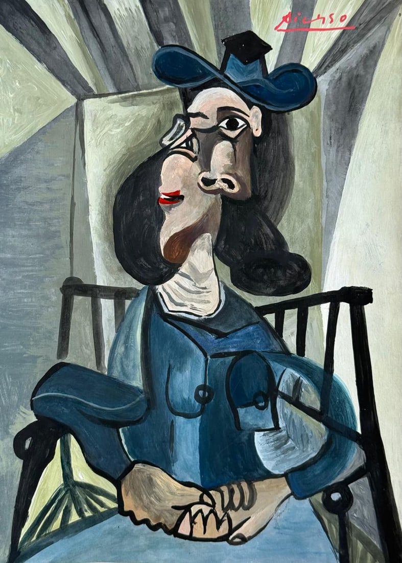 Pablo Picasso Spanish (Drawing on Paper Painting) Style of: Drawing on paper 8 x 11 inches, rendered in the style of Pablo Picasso (25 Oct 1881 - 08 Apr 1973) was a Spanish painter,he grew up in Barcelona, showing artistic talent at an early age. Condition Rep