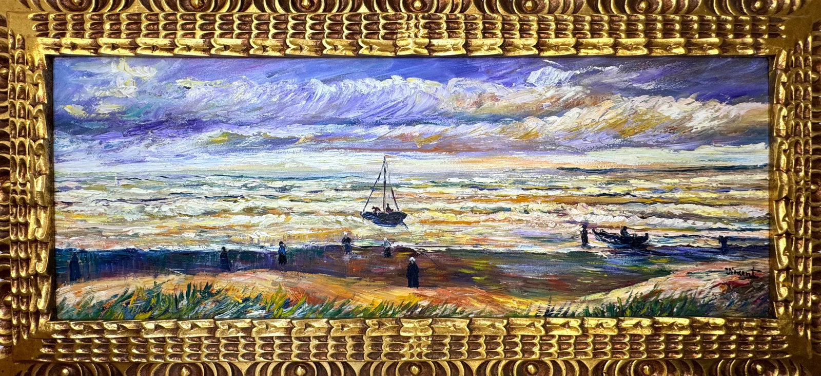 Vincent Van Gogh (Oil on canvas painting) Style of: Oil on canvas painting 17½ x 37½ inches, rendered in the style of Vincent Van Gogh (30 Mar 1853 - 29 Jul 1890) was a Dutch painter, generally considered to be the greatest after Rembrand