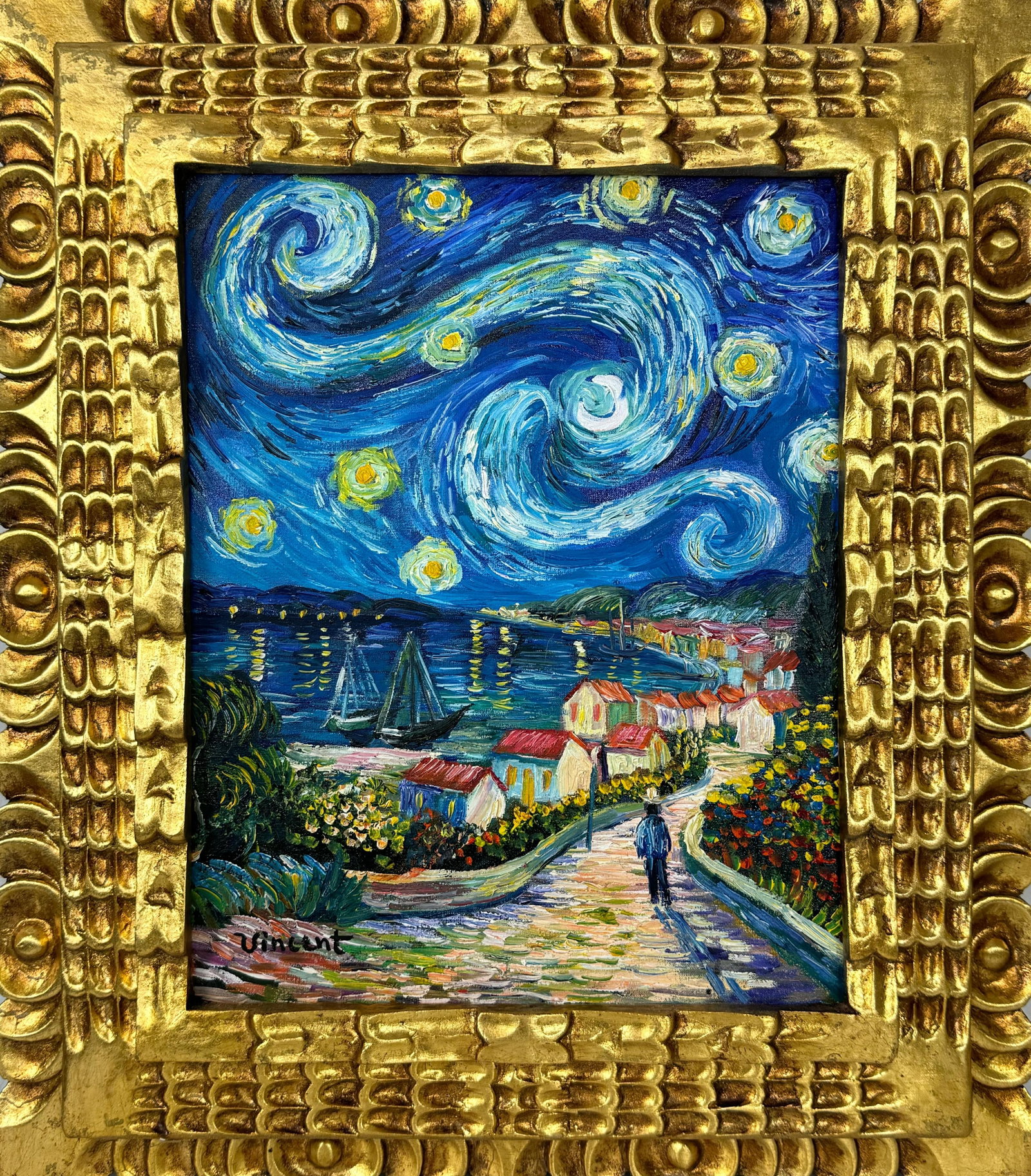 Vincent Van Gogh (Oil on canvas painting) Style of: Oil on canvas painting 15½ x 18 inches, rendered in the style of Vincent Van Gogh (30 Mar 1853 - 29 Jul 1890) was a Dutch painter, generally considered to be the greatest after Rembrandt van Ri