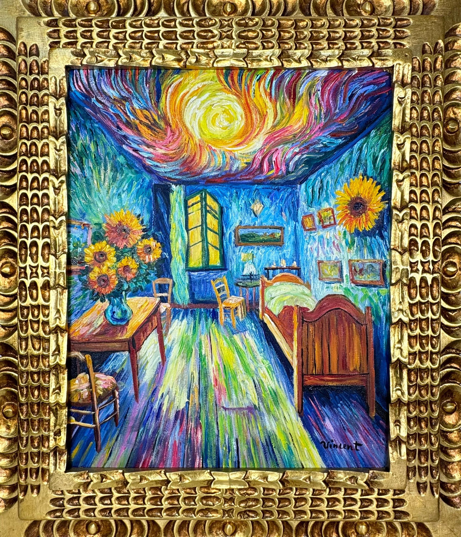 Vincent Van Gogh (Oil on canvas painting) Style of: Oil on canvas painting 19 x 22 inches, rendered in the style of Vincent Van Gogh (30 Mar 1853 - 29 Jul 1890) was a Dutch painter, generally considered to be the greatest after Rembrandt van Rijn, and 