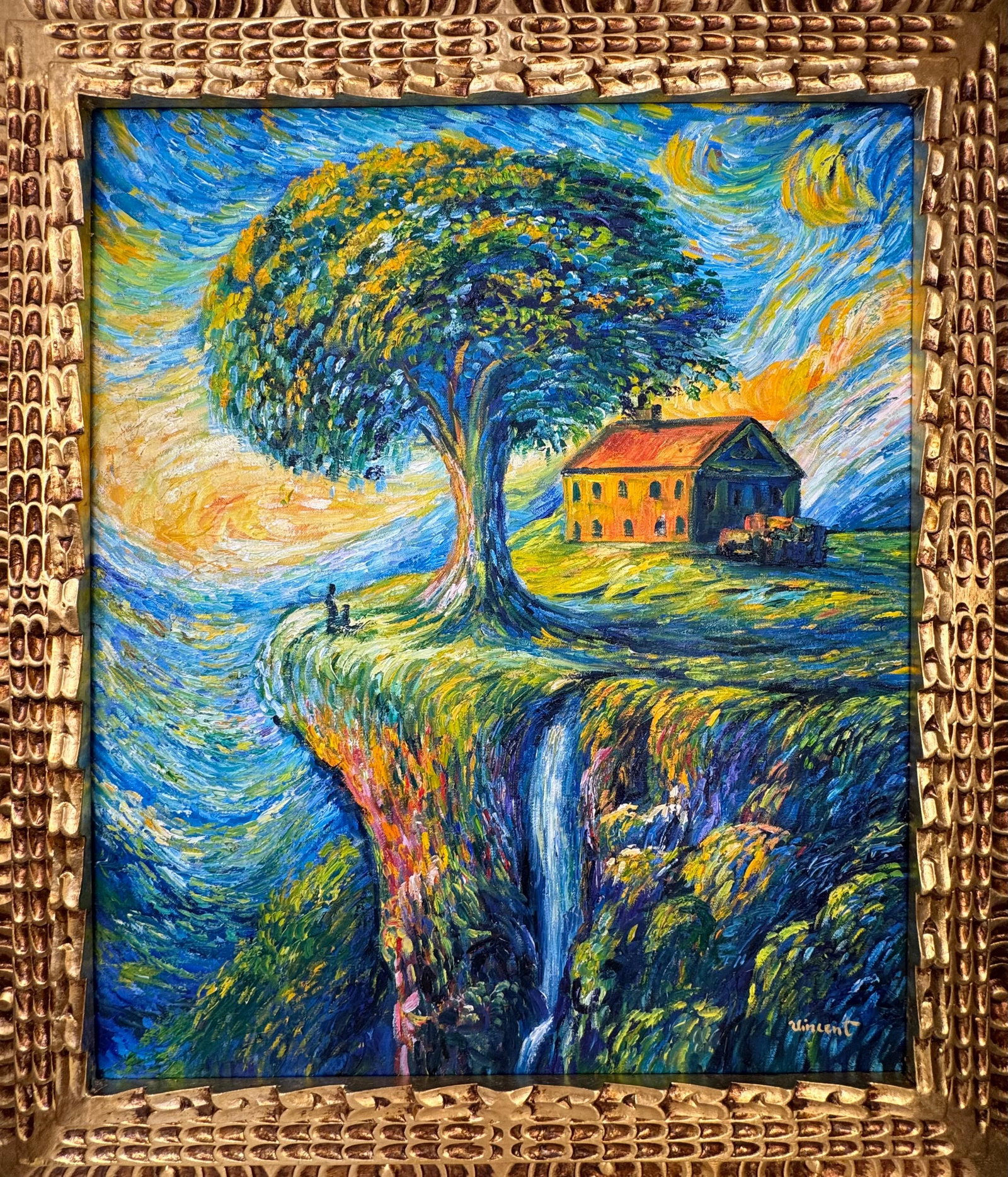 Vincent Van Gogh (Oil on canvas painting) Style of: Oil on canvas painting 25 x 29 inches, rendered in the style of Vincent Van Gogh (30 Mar 1853 - 29 Jul 1890) was a Dutch painter, generally considered to be the greatest after Rembrandt van Rijn, and 