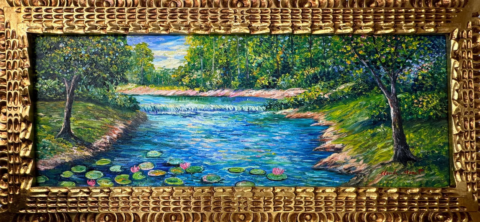 Claude Monet French (Oil on canvas painting) Style of: Oil on canvas painting 18 x 37½ inches, rendered in the style of Claude Monet (14 Nov 1840 - 05 Dec 1926) was a French painter and founder of impressionist painting who is seen as a key precurs