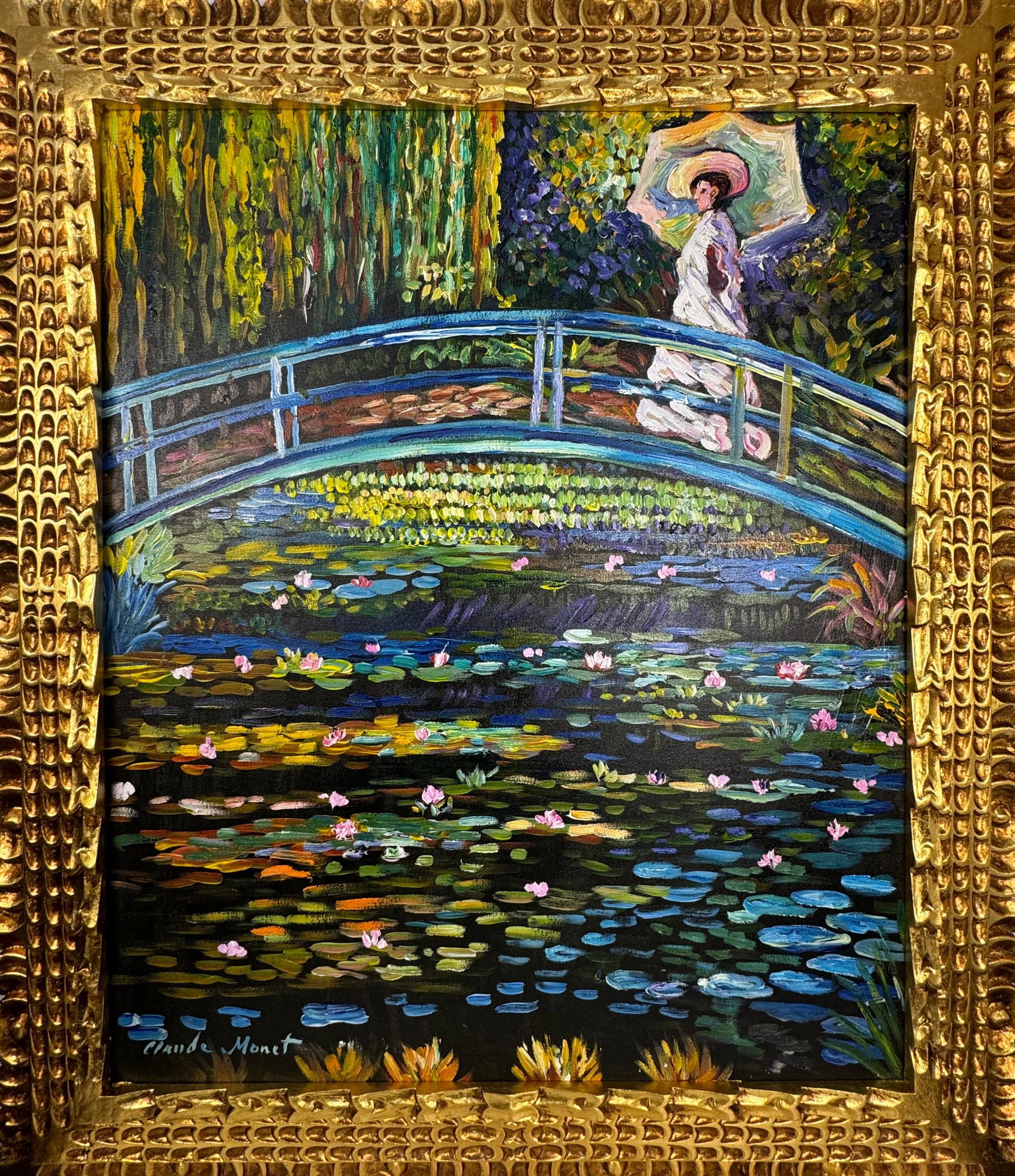 Claude Monet French (Oil on canvas painting) Style of: Oil on canvas painting 25 x 29 inches, rendered in the style of Claude Monet (14 Nov 1840 - 05 Dec 1926) was a French painter and founder of impressionist painting who is seen as a key precursor to mo