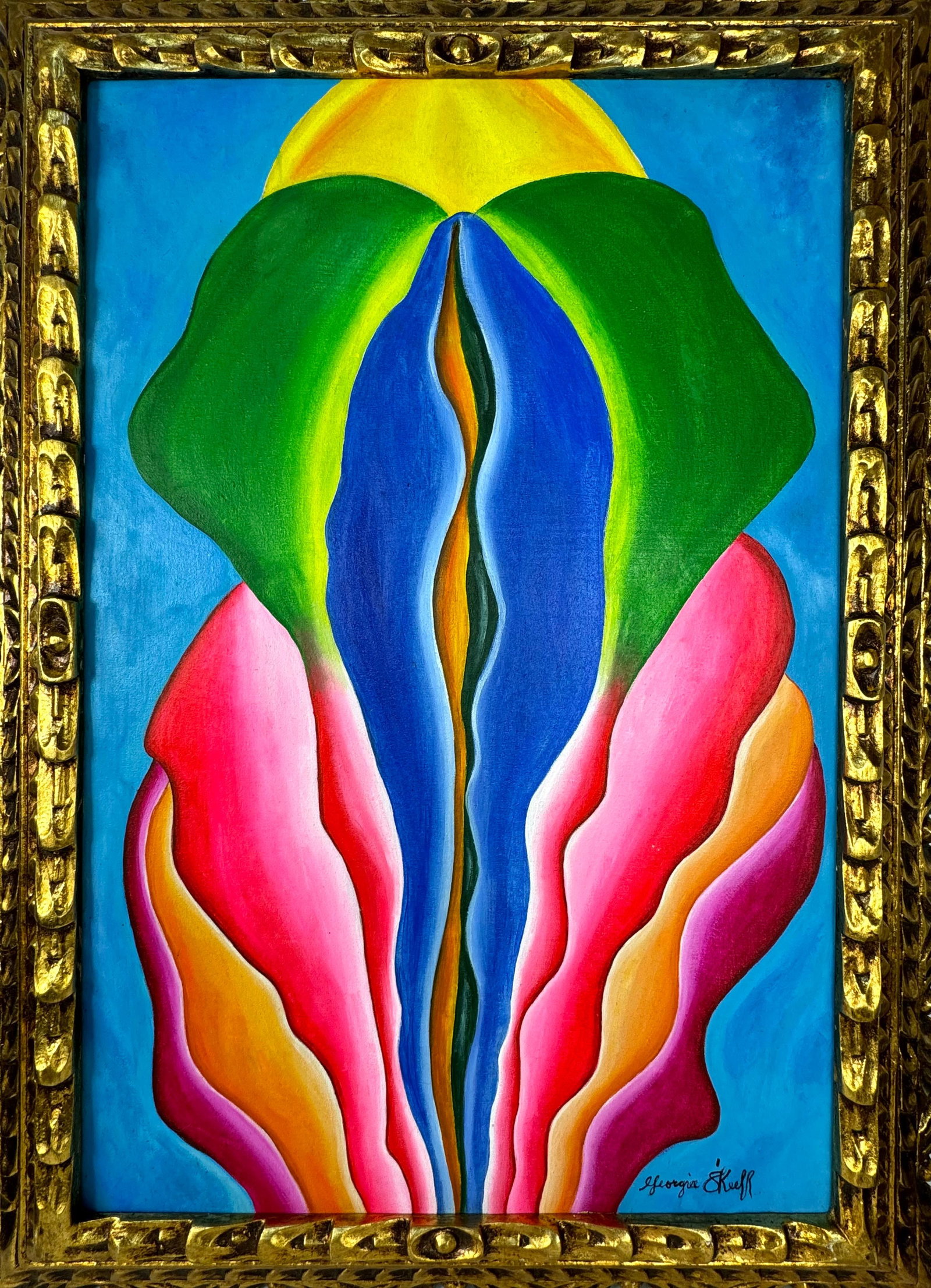 Georgia O'Keeffe (Oil on canvas painting) Style of: Oil on canvas painting 21 x 29 inches, rendered in the style of Georgia O'Keeffe 15 Nov 1887 - 06 Mar 1986) was an American modernist painter and draftswoman whose career spanned seven decades and who