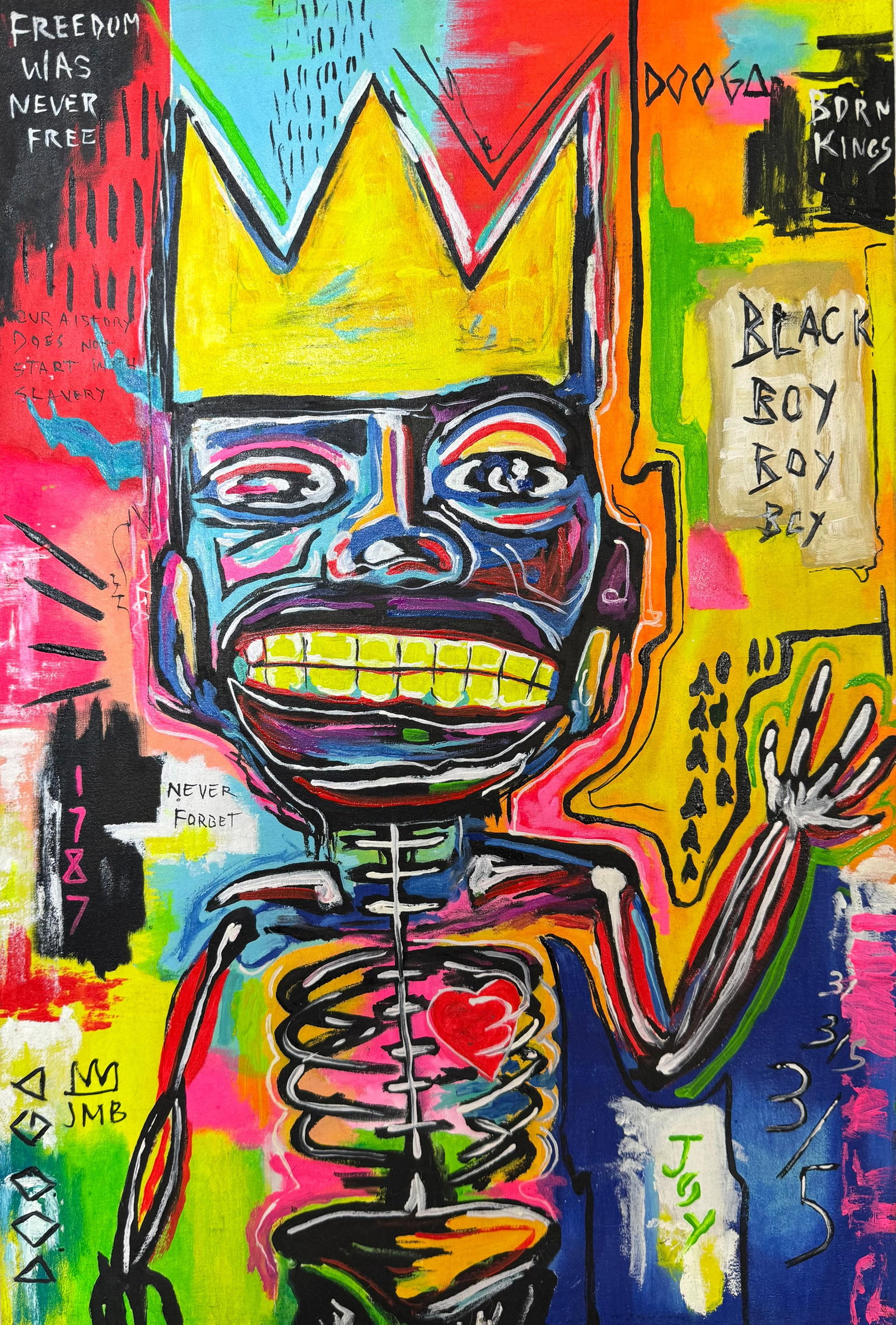 Jean-Michel Basquiat (Oil on canvas painting) Style of: Oil on canvas painting 15½ x 23½ inches, rendered in the style of Jean-Michel Basquiat (22 Dec 1960 - 12 Aug 1988) was an American artist who rose to success during the 1980s as part of 