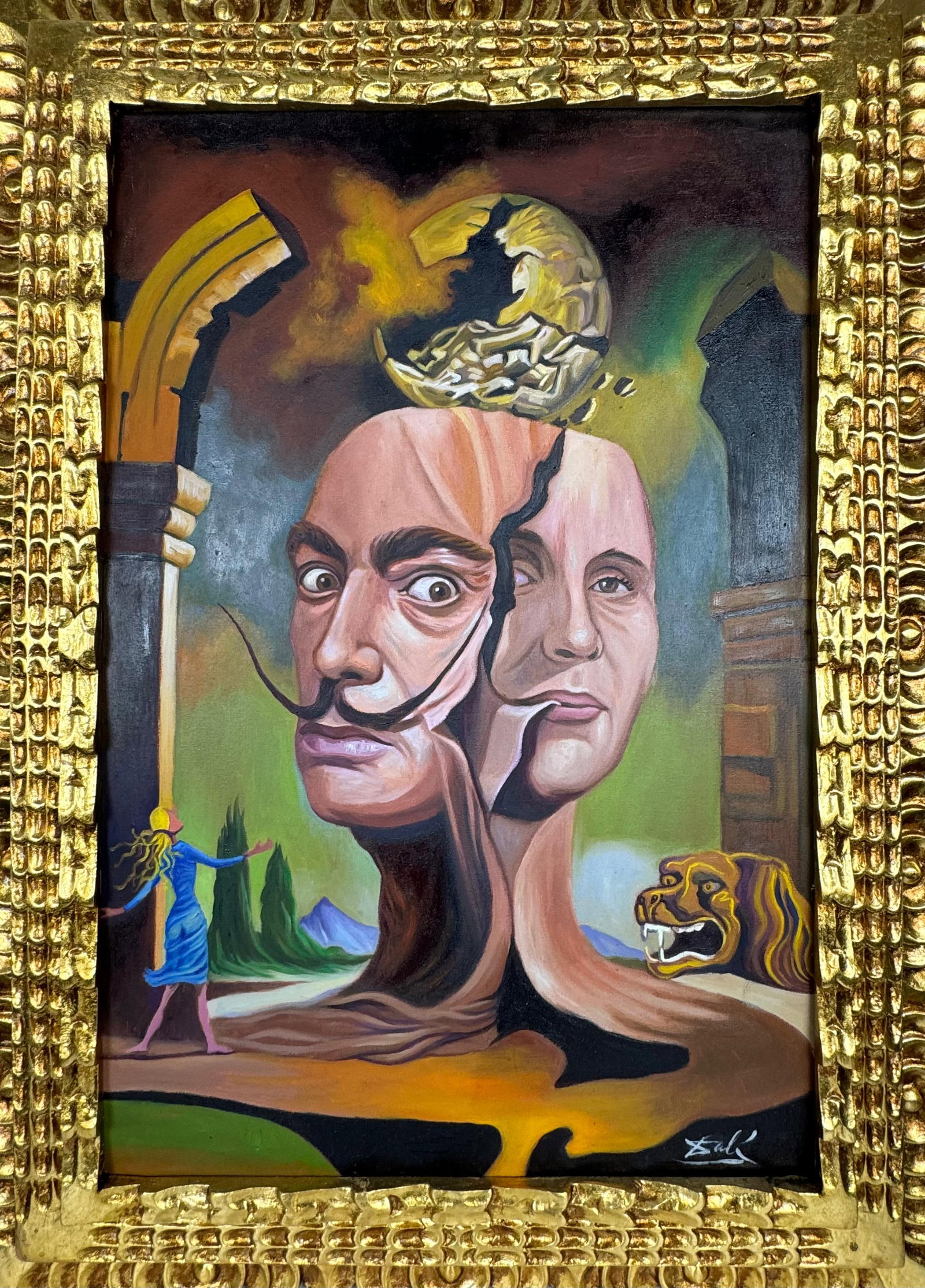 Salvador Dali Spanish (Oil on canvas painting) Style of: Oil on canvas painting 21 x 29 inches, rendered in the style of Salvador Dali between (11 May 1904 - 23 Jan 1989) was a Spanish surrealist artist, painter and printmaker, influential for his explorati