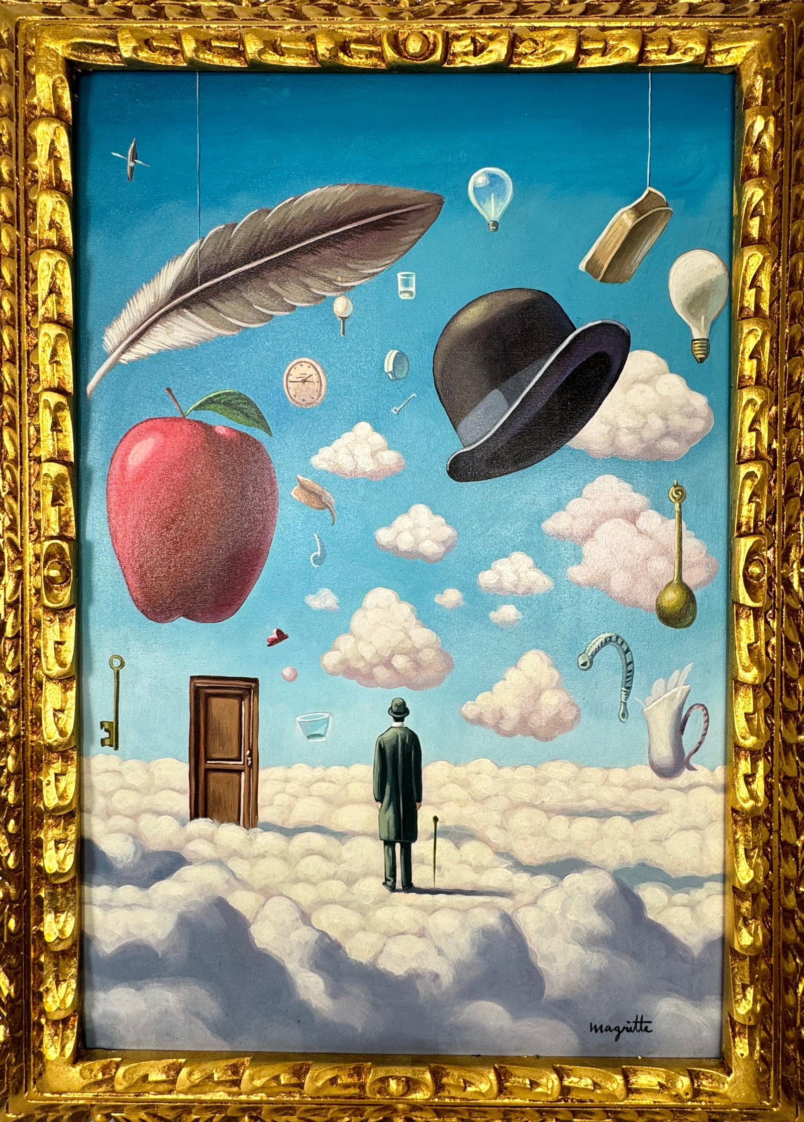 Rene Magritte (Acrylic on canvas painting) Style of: Acrylic on canvas painting 21 x 29 inches, rendered in the style of Rene Magritte between (21 Nov 1898 - 15 Aug 1967) was a Belgian surrealist artist known for his depictions of familiar objects in un
