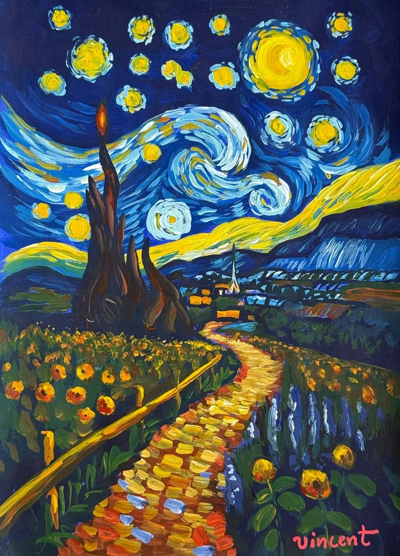 Vincent Van Gogh (Drawing on Paper Painting) Style of: Drawing on paper 8 x 11 inches, rendered in the style of Vincent Van Gogh (30 Mar 1853 - 29 Jul 1890) was a Dutch painter, generally considered to be the greatest after Rembrandt van Rijn, and one of 