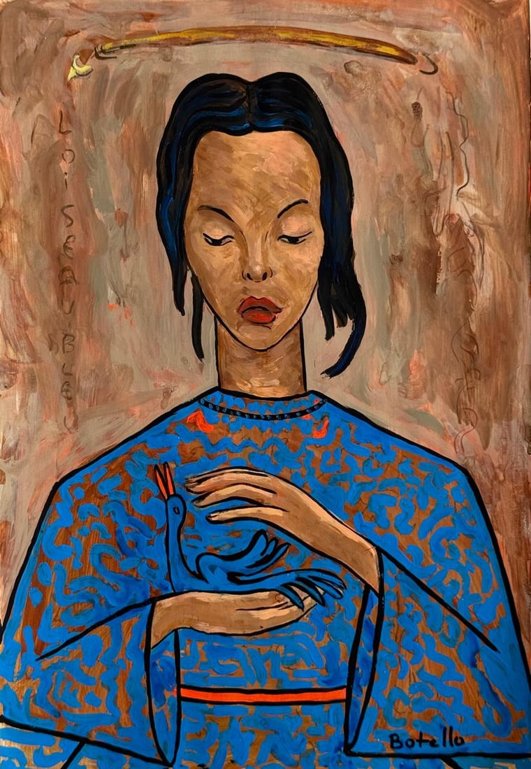 Angel Botello (Drawing on Paper Painting) Style of: Mixed media on paper 8 x 12 inches, rendered in the style of Angel Botello (20 Jun 1913 - 11 Nov 1986) was a Spanish-Puerto Rican painter, sculptor and graphic artist. He was dubbed "The Caribbean Gau