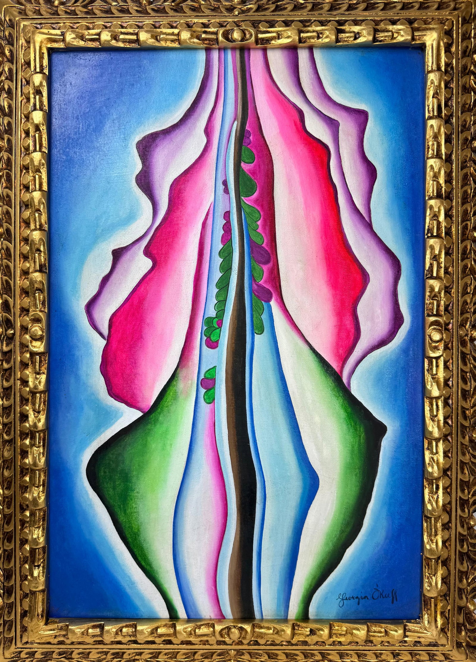 Georgia O'Keeffe (Oil on canvas painting) Style of: Oil on canvas painting 21 x 29 inches, rendered in the style of Georgia O'Keeffe 15 Nov 1887 - 06 Mar 1986) was an American modernist painter and draftswoman whose career spanned seven decades and who