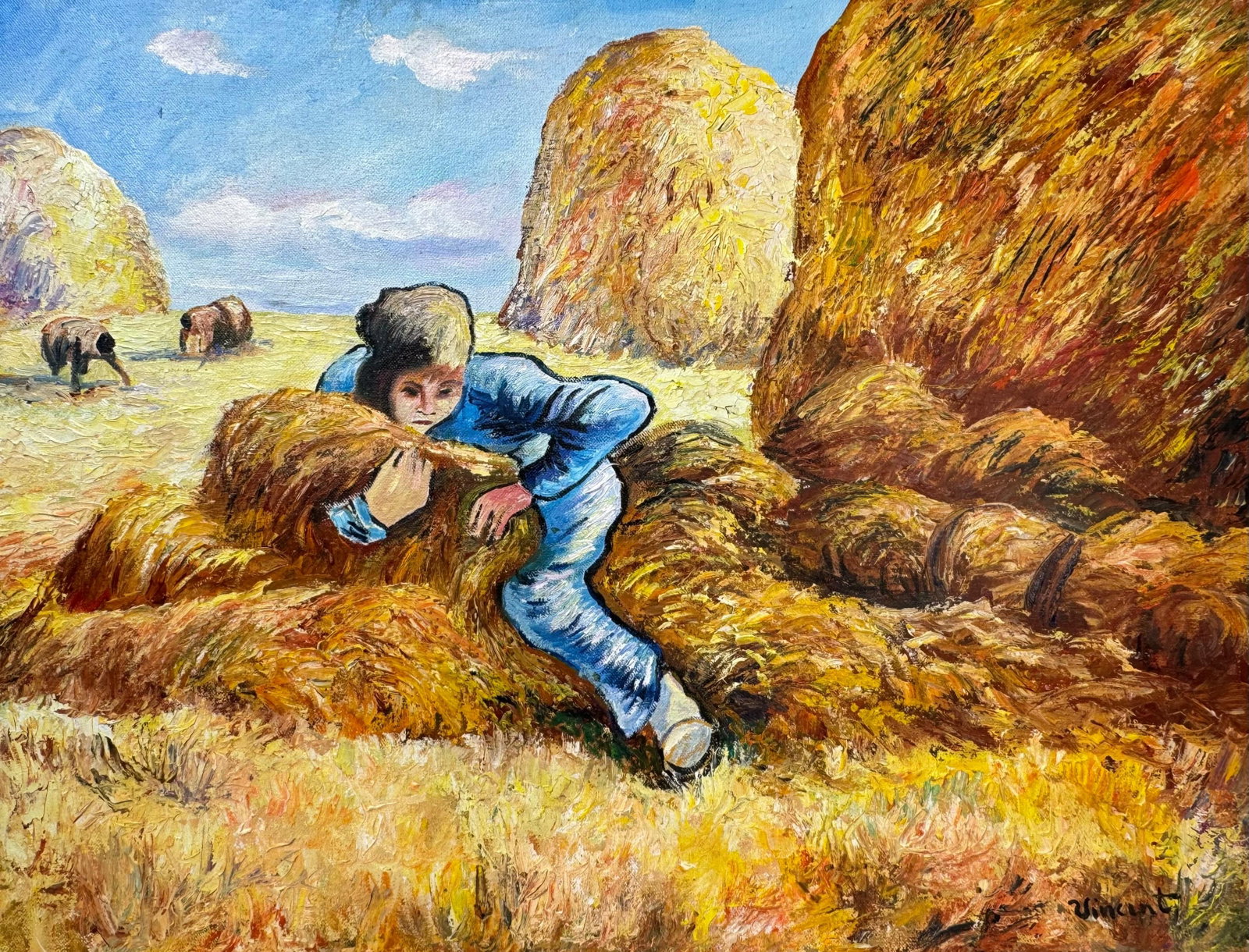 Vincent Van Gogh (Oil on canvas painting) Style of: Oil on canvas painting 17½ x 23 inches, rendered in the style of Vincent Van Gogh (30 Mar 1853 - 29 Jul 1890) was a Dutch painter, generally considered to be the greatest after Rembrandt van Ri