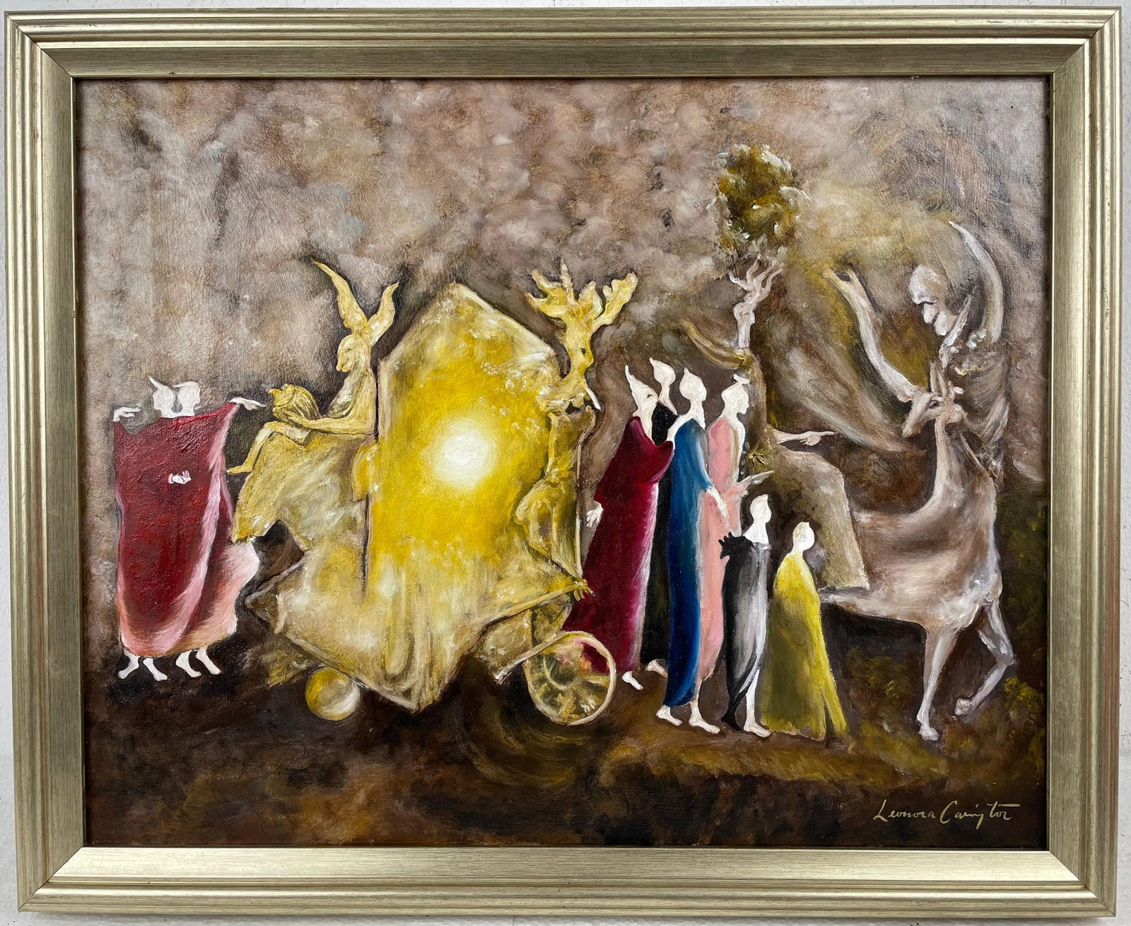 Leonora Carrington (Oil on canvas painting) Style of: Oil on canvas painting 17½ x 21½ inches, rendered in the style of Leonora Carrington (06 Apr 1917 - 25 May 2011) was a British-born, naturalized Mexican surrealist painter and novelist. 