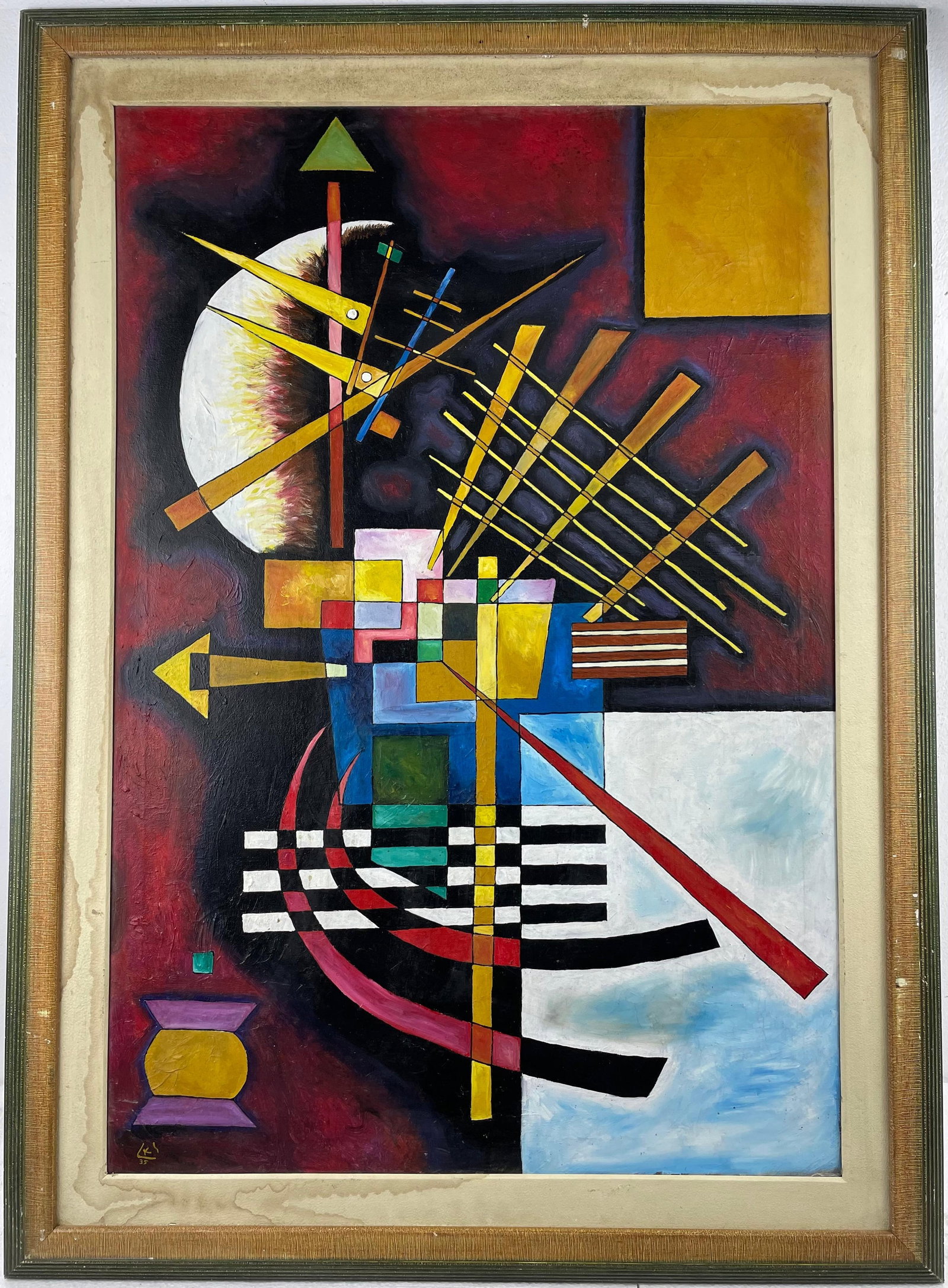 Wassily Kandinsky (Oil on canvas painting) Style of: Oil on canvas painting 32 x 44 inches, rendered in the style of Wassily Kandinsky (16 Dec 1866 - 13 Dec 1944) was a Russian painter and art theorist active in Germany during the late Belle Époque and