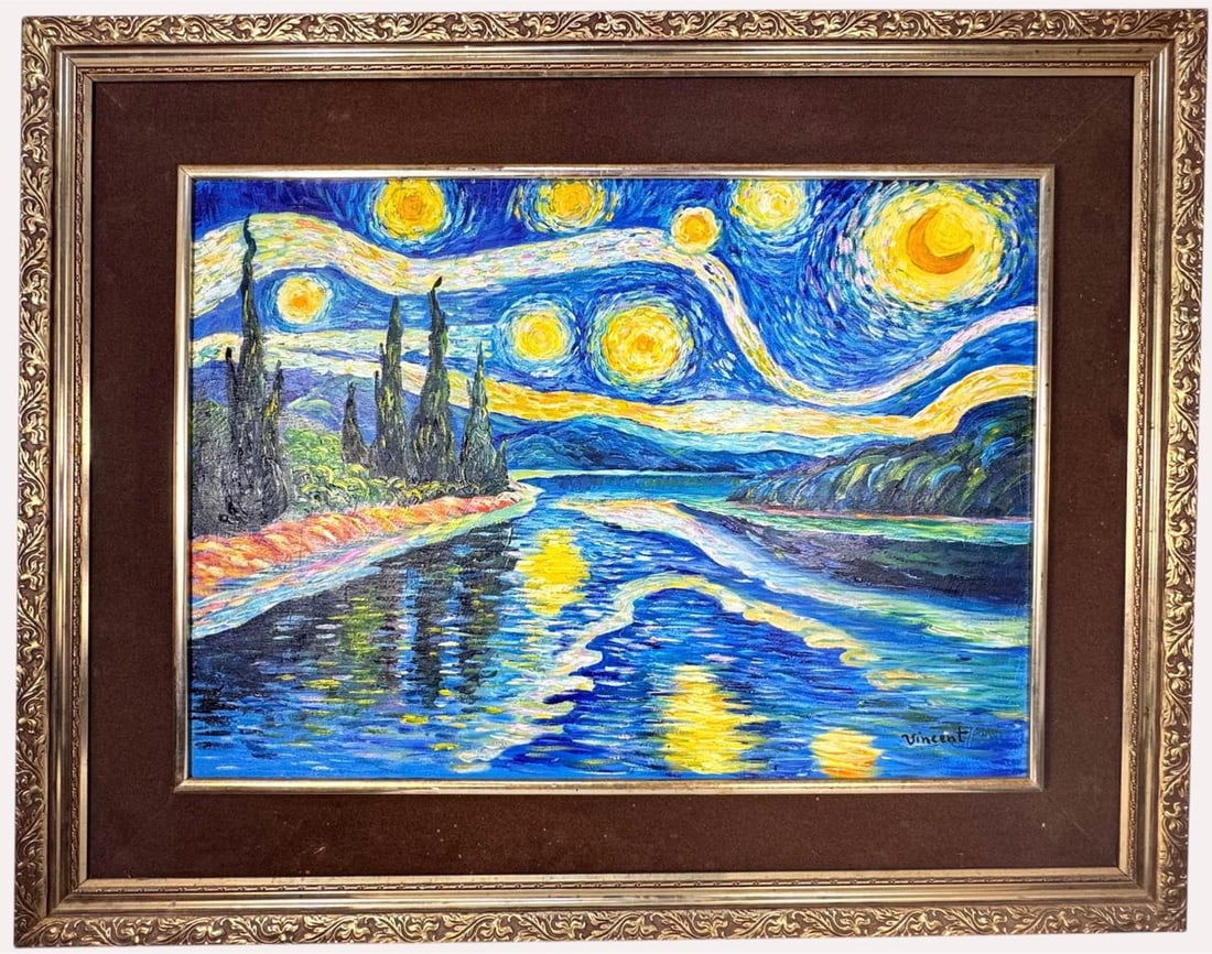 Vincent Van Gogh (Oil on wood painting) Style of: Oil on wood painting 29½ x 37 inches, rendered in the style of Vincent Van Gogh (30 Mar 1853 - 29 Jul 1890) was a Dutch painter, generally considered to be the greatest after Rembrandt van Rijn