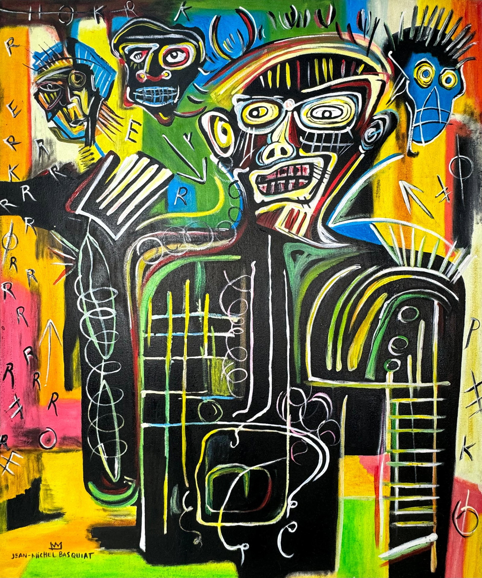 Jean-Michel Basquiat (Oil on canvas painting) Style of: Oil on canvas painting 19½ x 23½ inches, rendered in the style of Jean-Michel Basquiat (22 Dec 1960 - 12 Aug 1988) was an American artist who rose to success during the 1980s as part of 