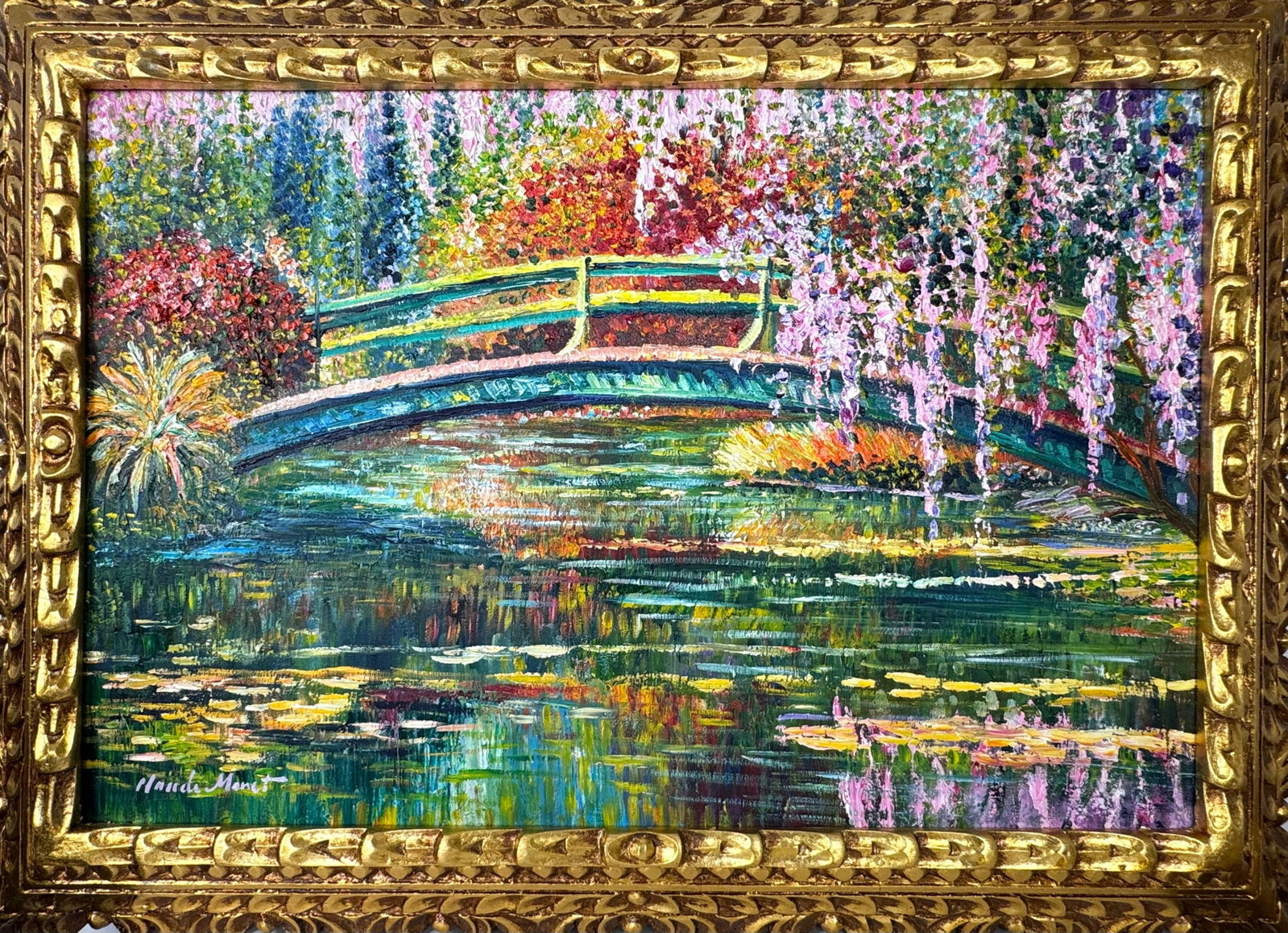 Claude Monet French (Oil on canvas painting) Style of: Oil on canvas painting 21 x 29 inches, rendered in the style of Claude Monet (14 Nov 1840 - 05 Dec 1926) was a French painter and founder of impressionist painting who is seen as a key precursor to mo