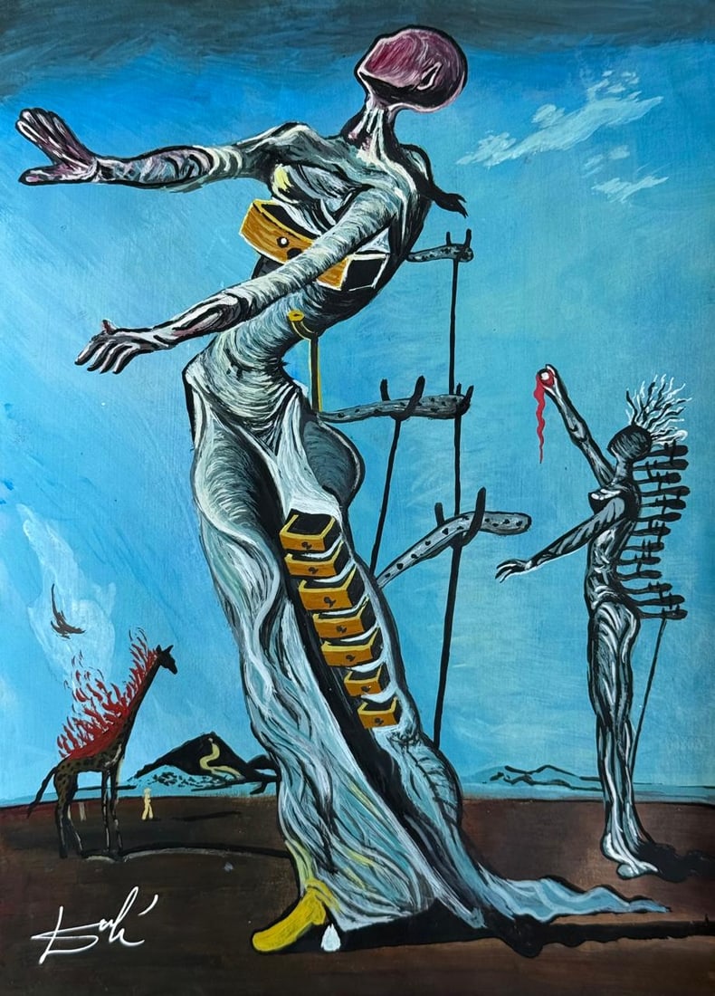 Salvador Dali Spanish (Drawing on Paper Painting) Style of: Drawing on paper 8 x 11 inches, rendered in the style of Salvador Dali between (11 May 1904 - 23 Jan 1989) was a Spanish surrealist artist, painter and printmaker, influential for his explorations of 