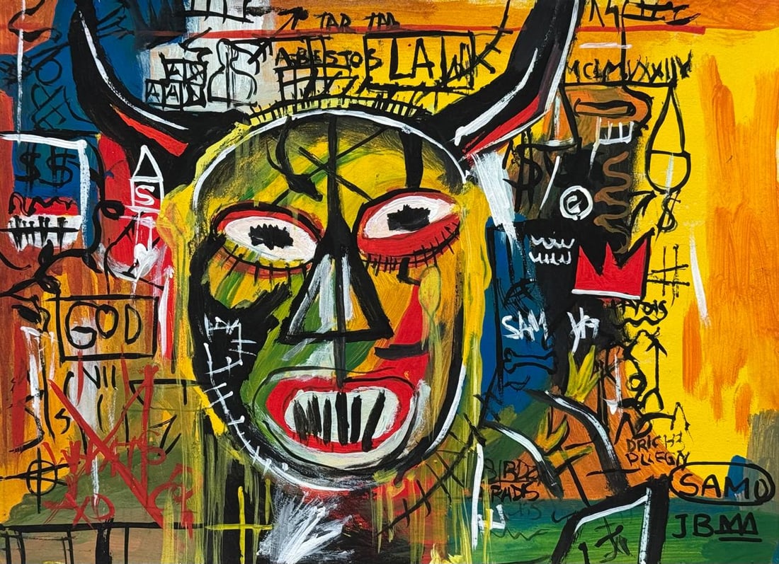 Jean-Michel Basquiat (Drawing on Paper Painting) Style of: Drawing on paper 7½ x 10½ inches, rendered in the style of Jean-Michel Basquiat (22 Dec 1960 - 12 Aug 1988) was an American artist who rose to success during the 1980s as part of the Neo
