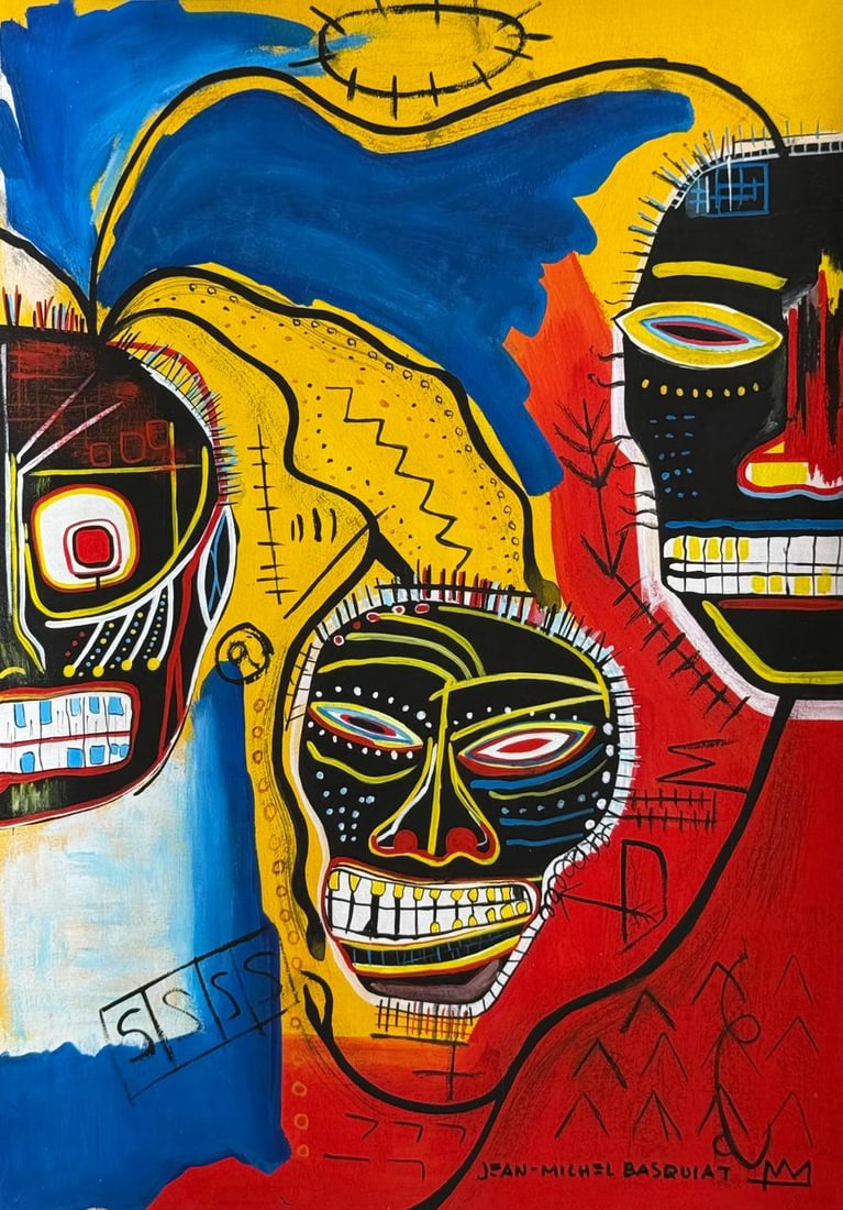 Jean-Michel Basquiat (Drawing on Paper Painting) Style of: Drawing on paper 8½ x 12 inches, rendered in the style of Jean-Michel Basquiat (22 Dec 1960 - 12 Aug 1988) was an American artist who rose to success during the 1980s as part of the Neo-express