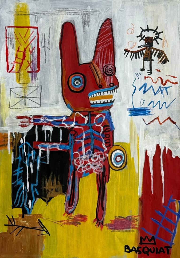 Jean-Michel Basquiat (Drawing on Paper Painting) Style of: Drawing on paper 8 x 11½ inches, rendered in the style of Jean-Michel Basquiat (22 Dec 1960 - 12 Aug 1988) was an American artist who rose to success during the 1980s as part of the Neo-express