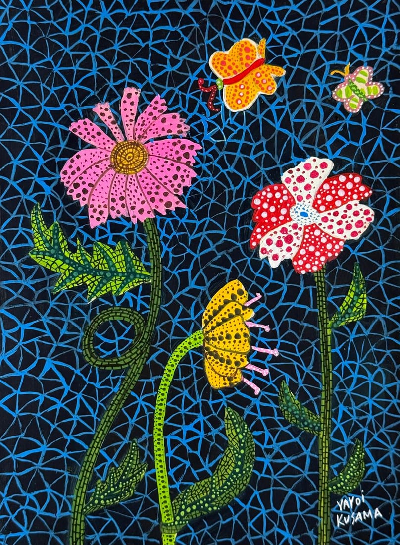 Yayoi Kusama (Drawing on Paper Painting) Style of: Drawing on paper 8 x 11 inches, rendered in the style of Yayoi Kusama, born 22 March 1929, is a Japanese contemporary artist who works primarily in sculpture and installation, and is also active in pa