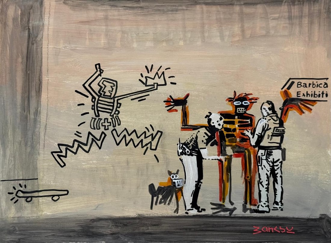 Banksy (Drawing on Paper Painting) Style of: Drawing on paper 8½ x 12 inches, rendered in the style of Banksy is the pseudonym of a british artist named Robbie Banks, who was possibly born in the Bristol area in the mid-1970s. Provenance: