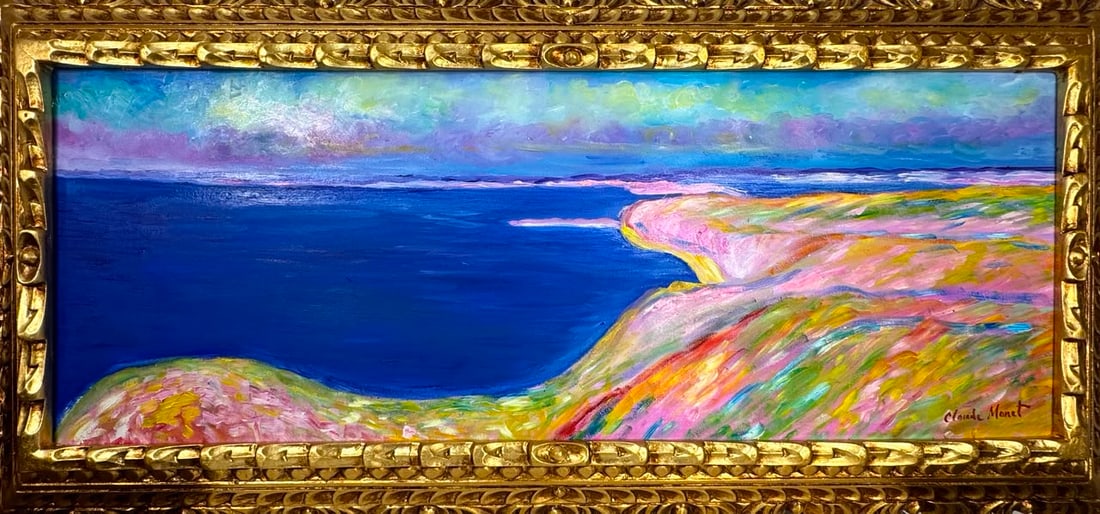Claude Monet French (Oil on canvas painting) Style of: Oil on canvas painting 17½ x 37½ inches, rendered in the style of Claude Monet (14 Nov 1840 - 05 Dec 1926) was a French painter and founder of impressionist painting who is seen as a key