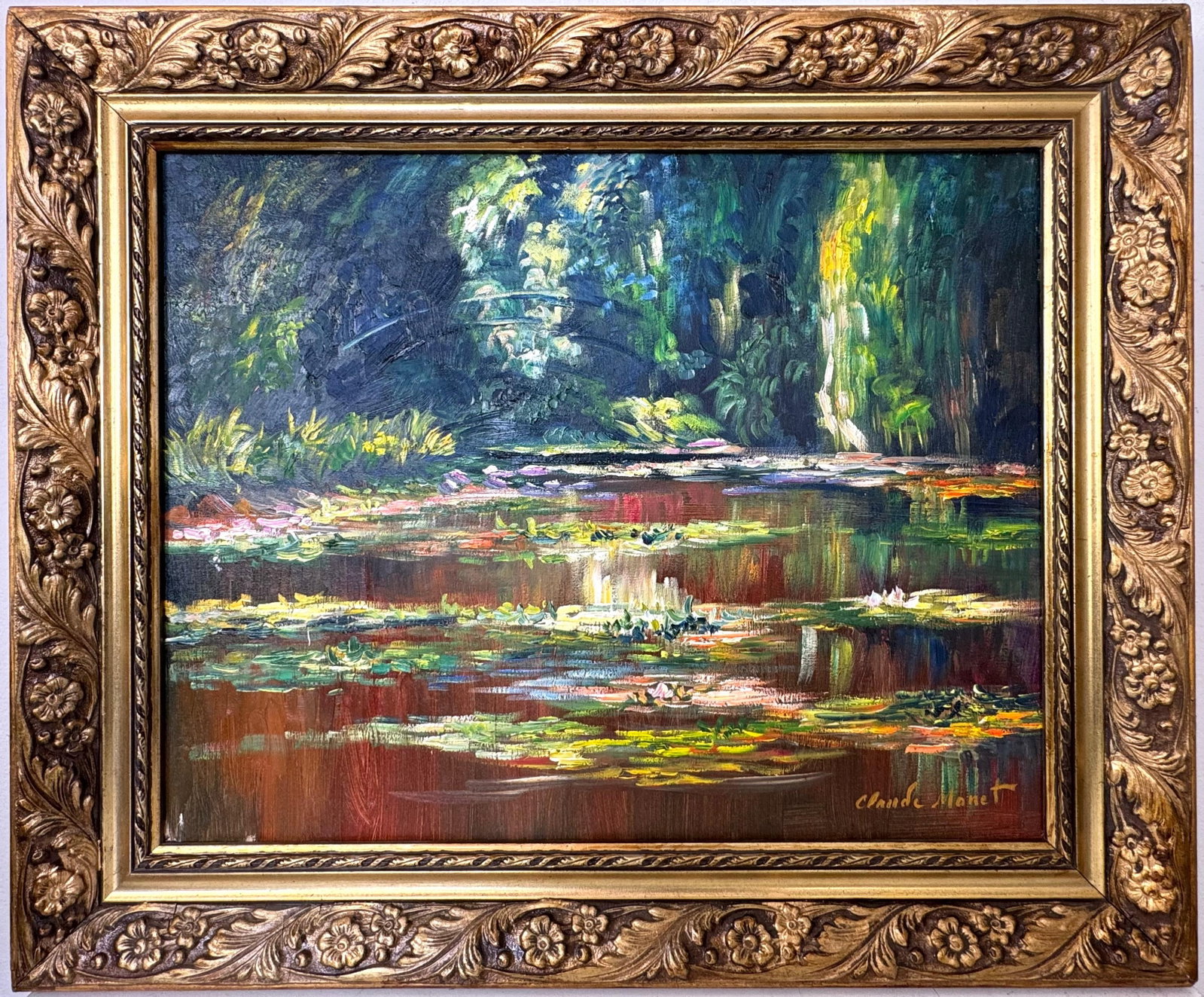 Claude Monet French (Oil on canvas painting) Style of: Oil on canvas painting 20 x 24 inches, rendered in the style of Claude Monet (14 Nov 1840 - 05 Dec 1926) was a French painter and founder of impressionist painting who is seen as a key precursor to mo