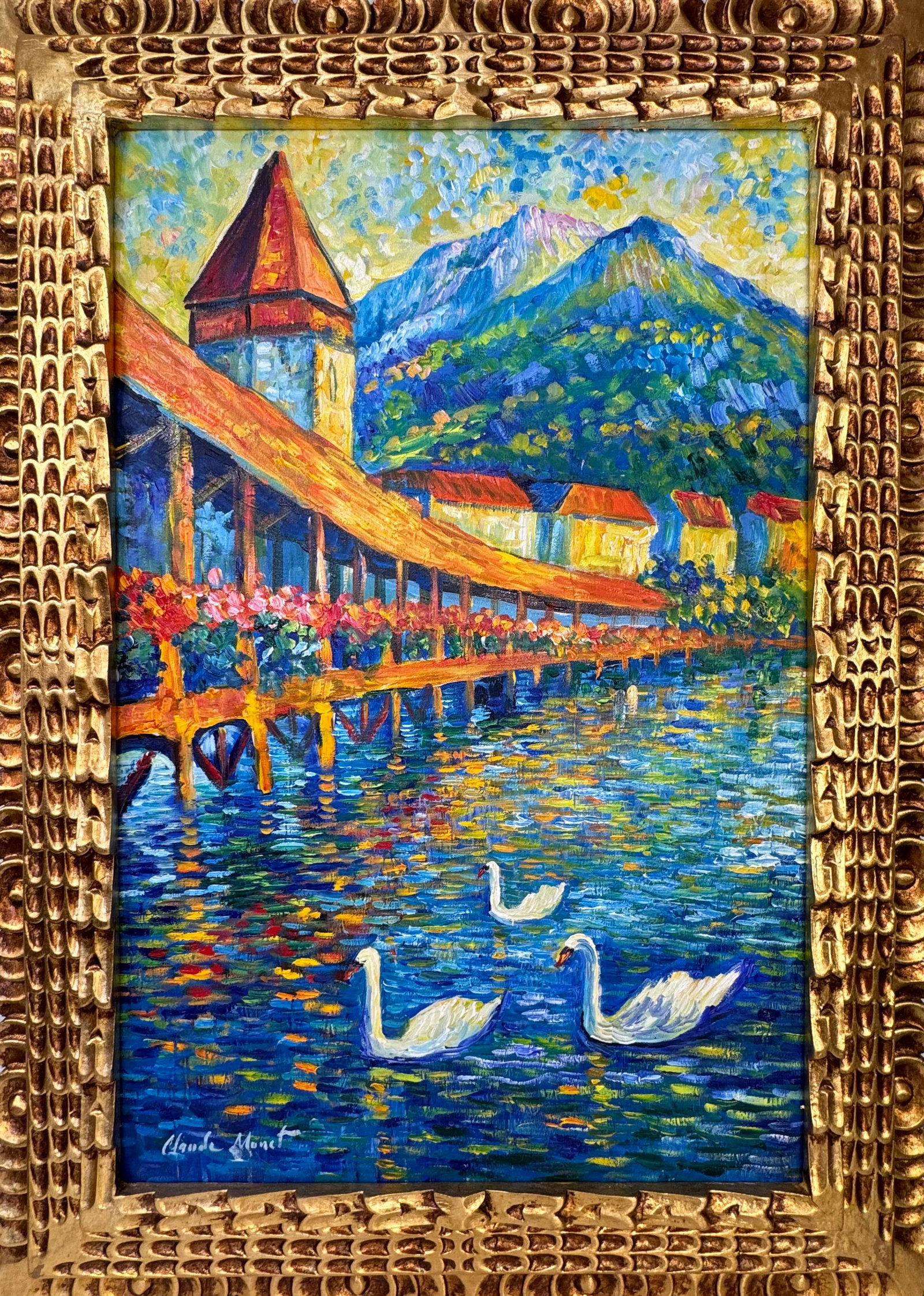 Claude Monet French (Oil on canvas painting) Style of: Oil on canvas painting 21 x 29 inches, rendered in the style of Claude Monet (14 Nov 1840 - 05 Dec 1926) was a French painter and founder of impressionist painting who is seen as a key precursor to mo