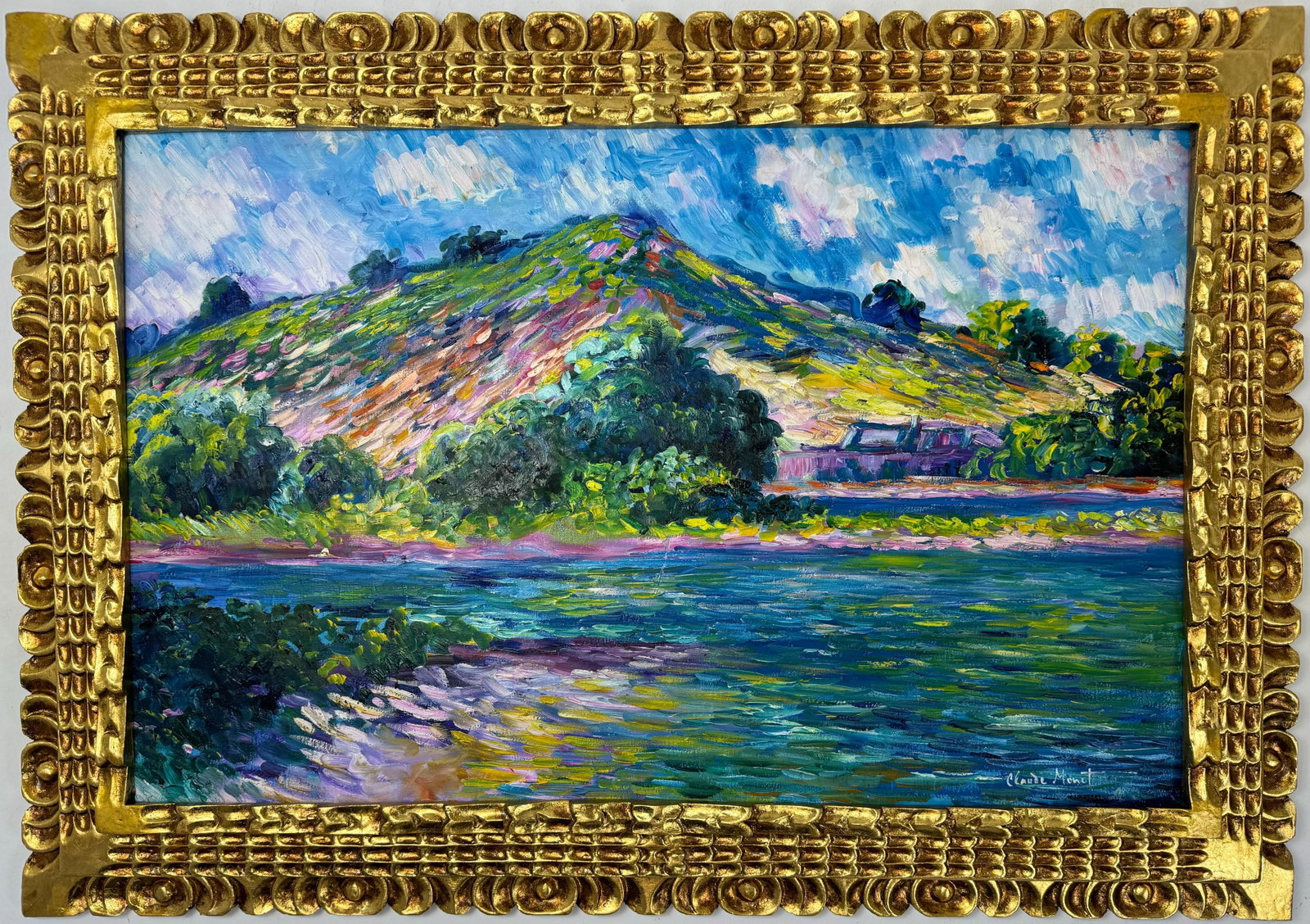 Claude Monet French (Oil on canvas painting) Style of: Oil on canvas painting 23 x 33 inches, rendered in the style of Claude Monet (14 Nov 1840 - 05 Dec 1926) was a French painter and founder of impressionist painting who is seen as a key precursor to mo