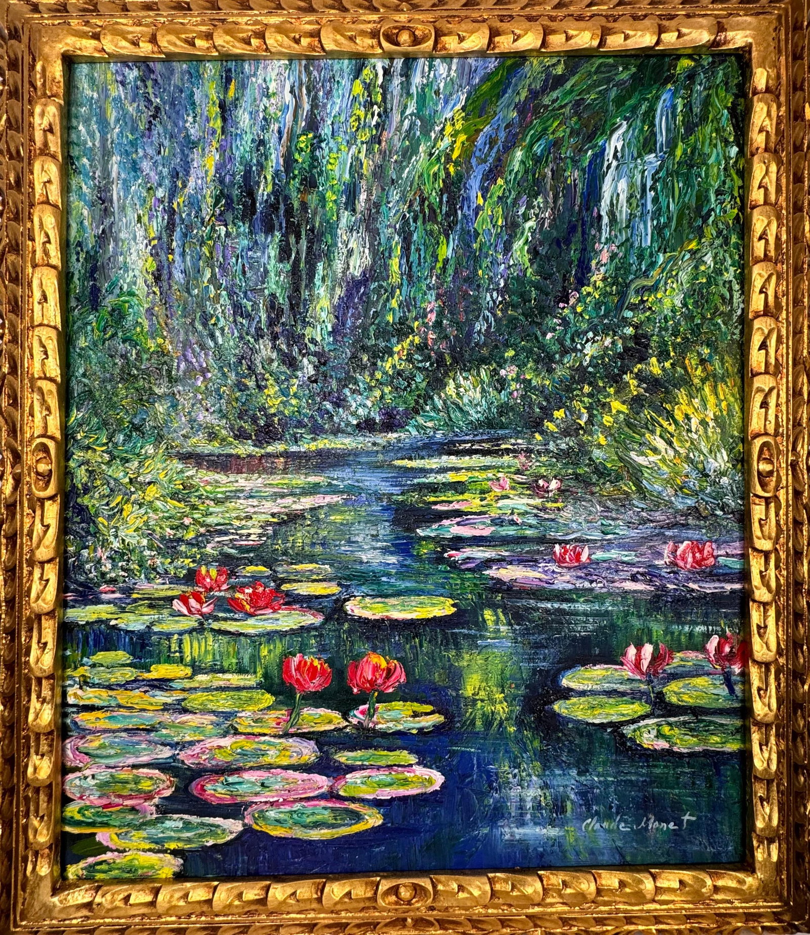Claude Monet French (Oil on canvas painting) Style of: Oil on canvas painting 25 x 29 inches, rendered in the style of Claude Monet (14 Nov 1840 - 05 Dec 1926) was a French painter and founder of impressionist painting who is seen as a key precursor to mo