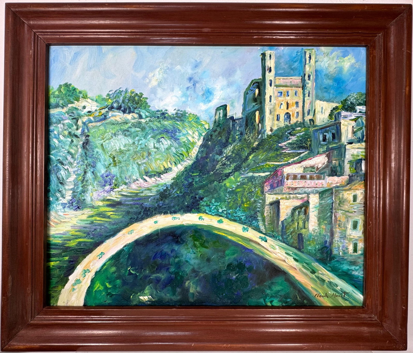 Claude Monet French (Oil on canvas painting) Style of: Oil on canvas painting 28 x 32½ inches, rendered in the style of Claude Monet (14 Nov 1840 - 05 Dec 1926) was a French painter and founder of impressionist painting who is seen as a key precurs