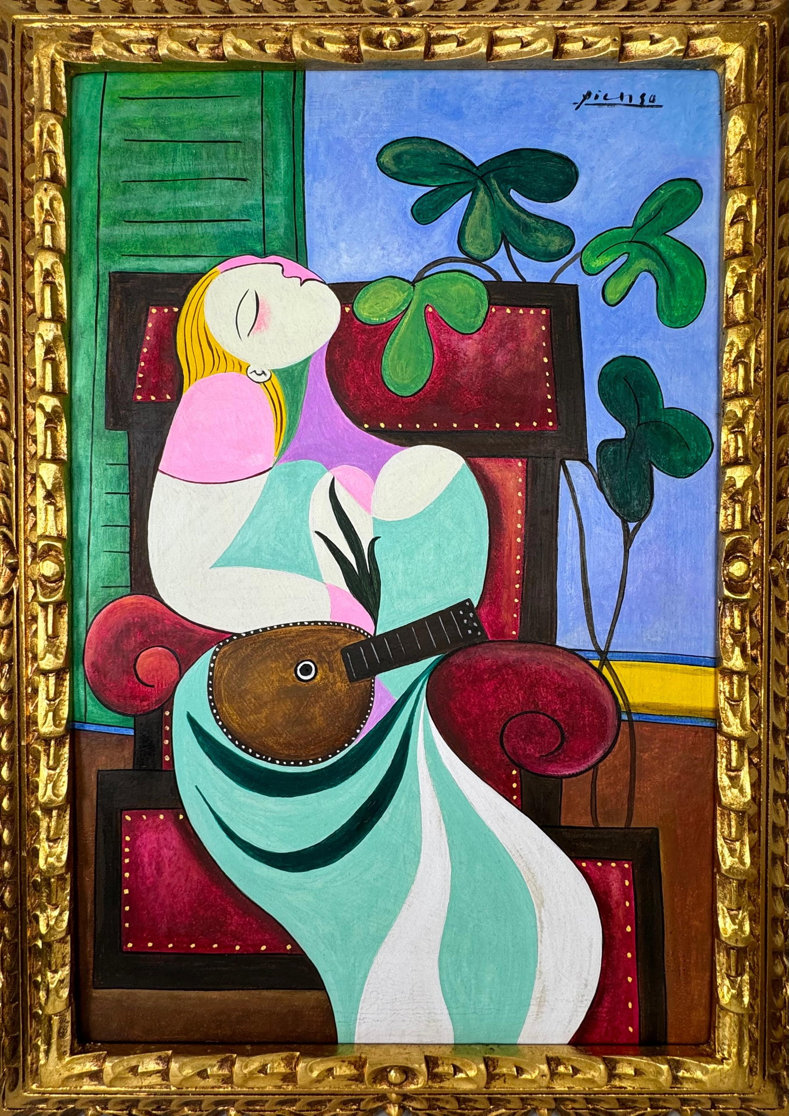 Pablo Picasso Spanish (Oil on canvas painting) Style of: Oil on canvas painting 21 x 29 inches, rendered in the style of Pablo Picasso (25 Oct 1881 - 08 Apr 1973) was a Spanish painter,he grew up in Barcelona, showing artistic talent at an early age. Proven