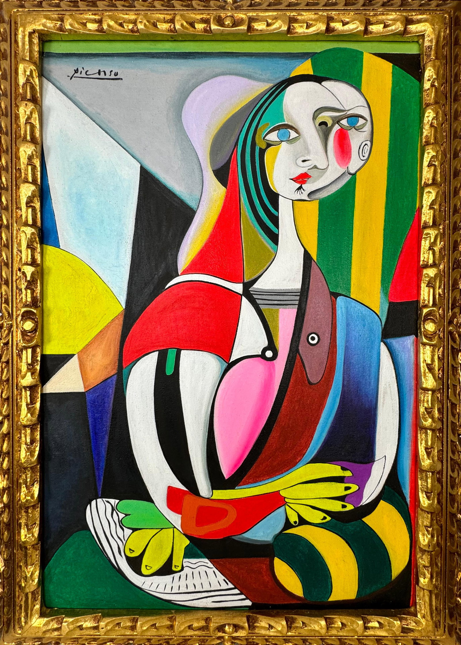 Pablo Picasso Spanish (Oil on canvas painting) Style of: Oil on canvas painting 21 x 29 inches, rendered in the style of Pablo Picasso (25 Oct 1881 - 08 Apr 1973) was a Spanish painter,he grew up in Barcelona, showing artistic talent at an early age. Proven