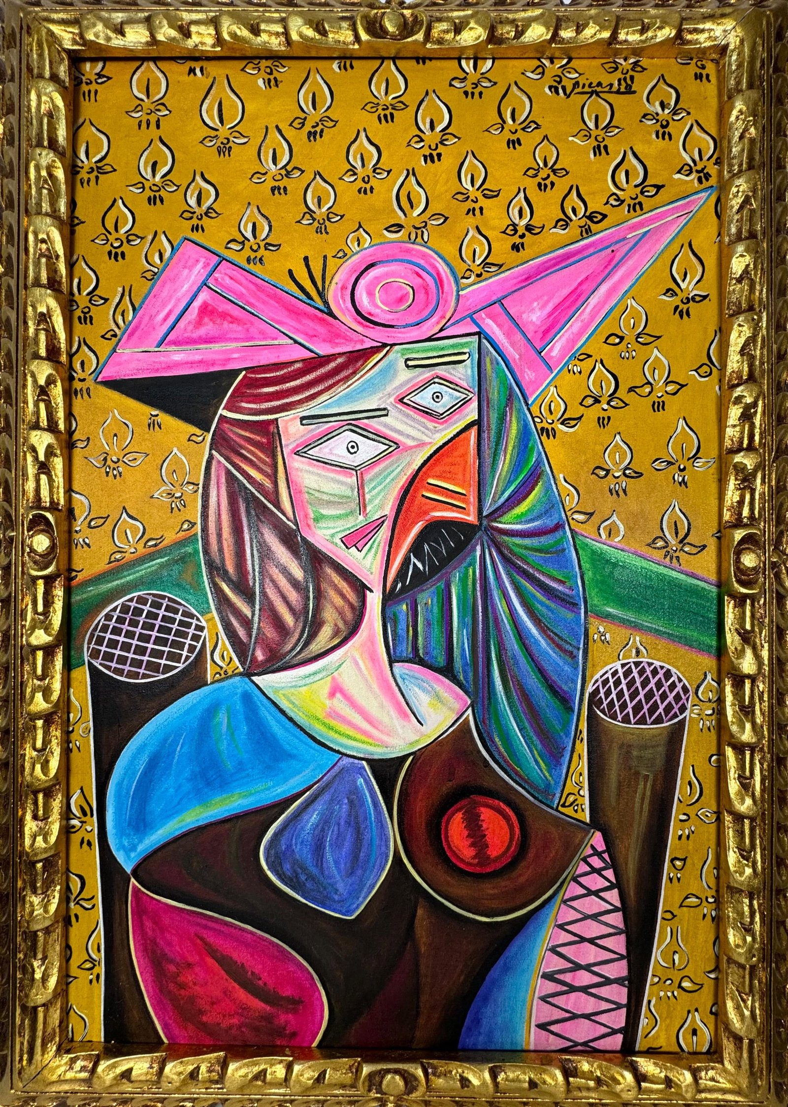 Pablo Picasso Spanish (Oil on canvas painting) Style of: Oil on canvas painting 21 x 29 inches, rendered in the style of Pablo Picasso (25 Oct 1881 - 08 Apr 1973) was a Spanish painter,he grew up in Barcelona, showing artistic talent at an early age. Proven