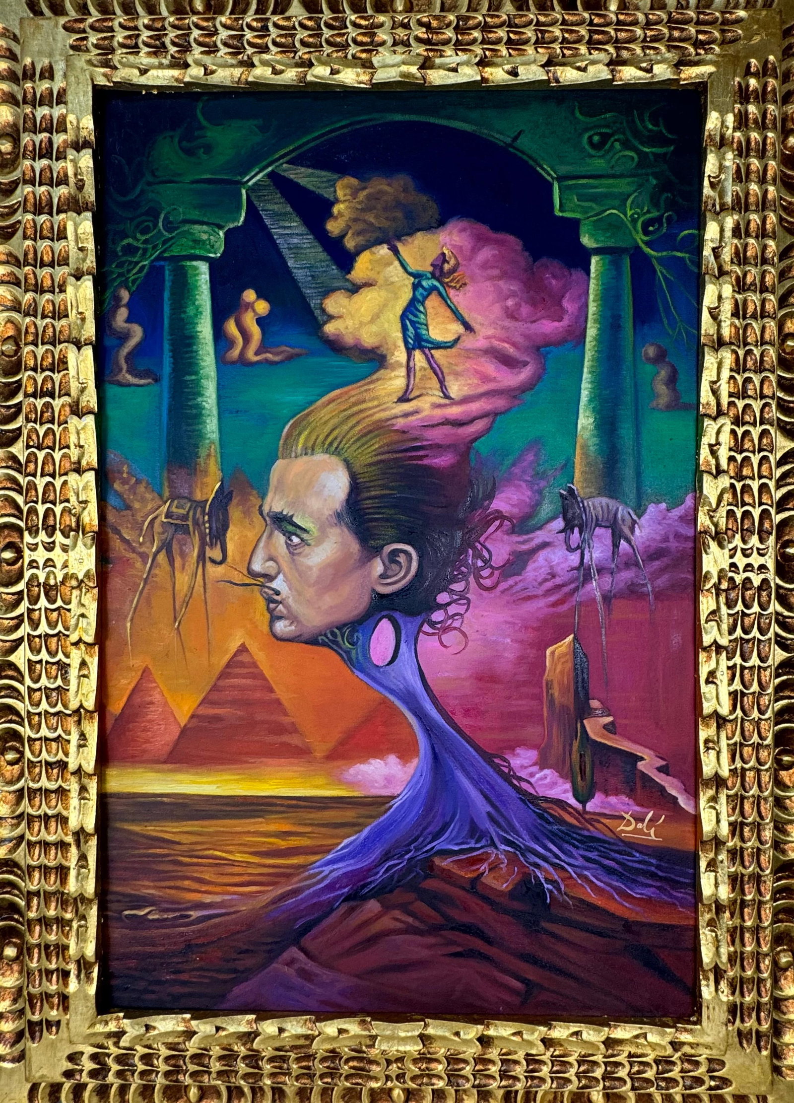 Salvador Dali Spanish (Oil on canvas painting) Style of: Oil on canvas painting 21½ x 29½ inches, rendered in the style of Salvador Dali between (11 May 1904 - 23 Jan 1989) was a Spanish surrealist artist, painter and printmaker, influential f