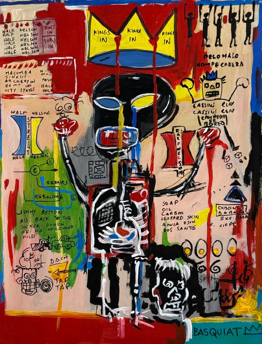 Jean-Michel Basquiat (Drawing on Paper Painting) Style of: Drawing on paper 8½ x 11 inches, rendered in the style of Jean-Michel Basquiat (22 Dec 1960 - 12 Aug 1988) was an American artist who rose to success during the 1980s as part of the Neo-express