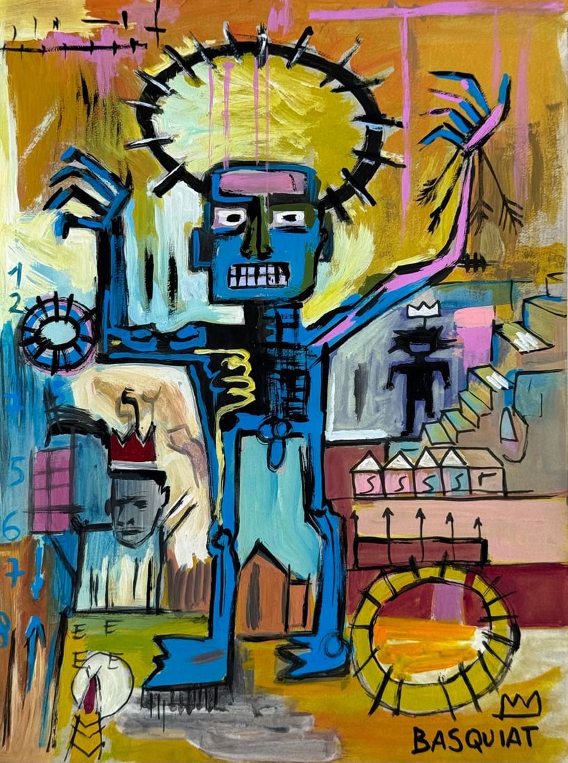 Jean-Michel Basquiat (Drawing on Paper Painting) Style of: Drawing on paper 8½ x 11 inches, rendered in the style of Jean-Michel Basquiat (22 Dec 1960 - 12 Aug 1988) was an American artist who rose to success during the 1980s as part of the Neo-express