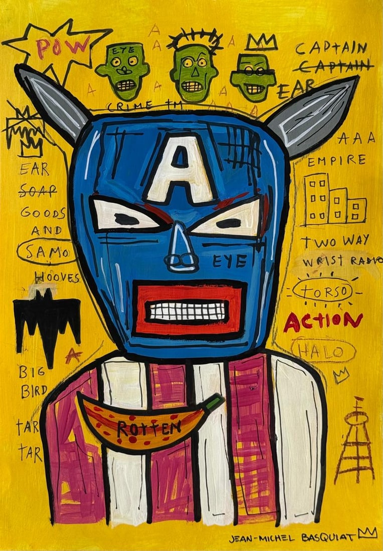 Jean-Michel Basquiat (Drawing on Paper Painting) Style of: Drawing on paper 8½ x 12 inches, rendered in the style of Jean-Michel Basquiat (22 Dec 1960 - 12 Aug 1988) was an American artist who rose to success during the 1980s as part of the Neo-express