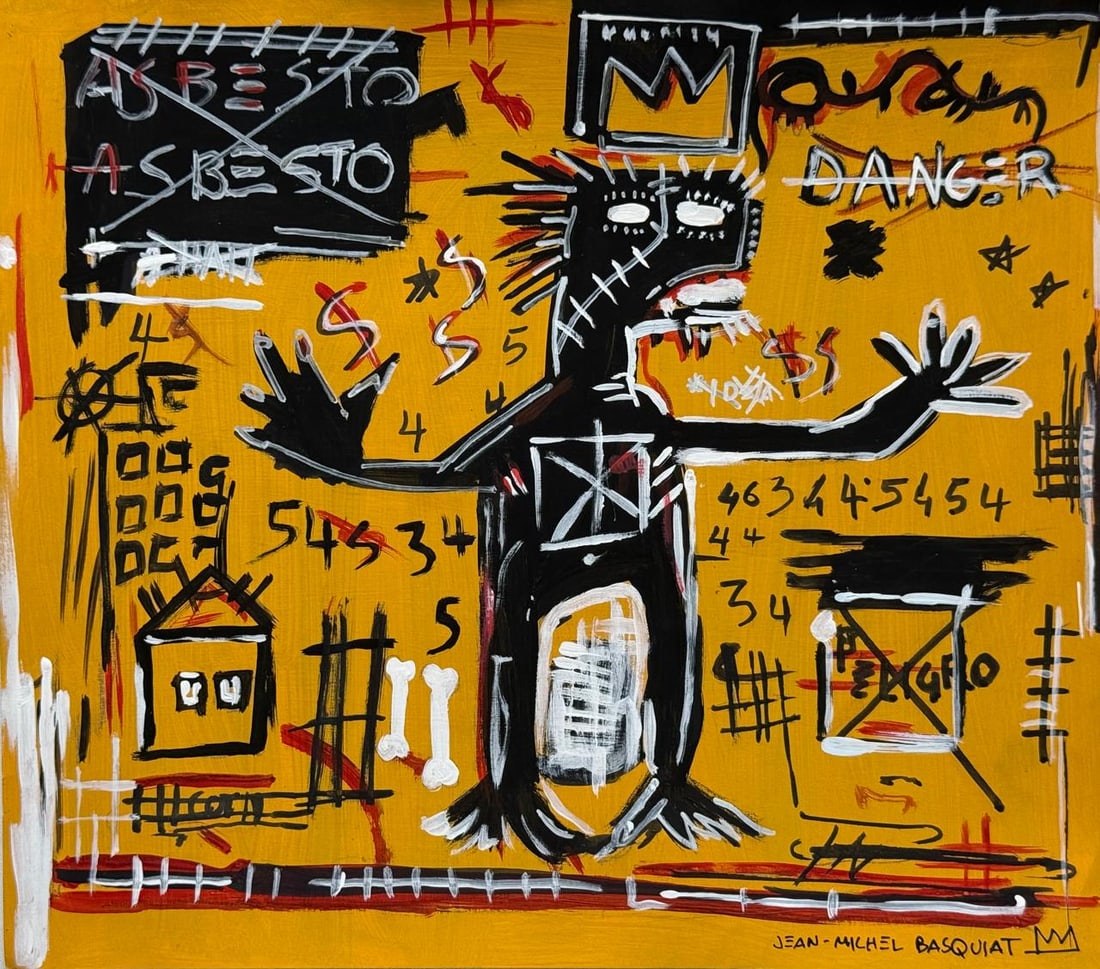 Jean-Michel Basquiat (Drawing on Paper Painting) Style of: Drawing on paper 10½ x 12 inches, rendered in the style of Jean-Michel Basquiat (22 Dec 1960 - 12 Aug 1988) was an American artist who rose to success during the 1980s as part of the Neo-expres