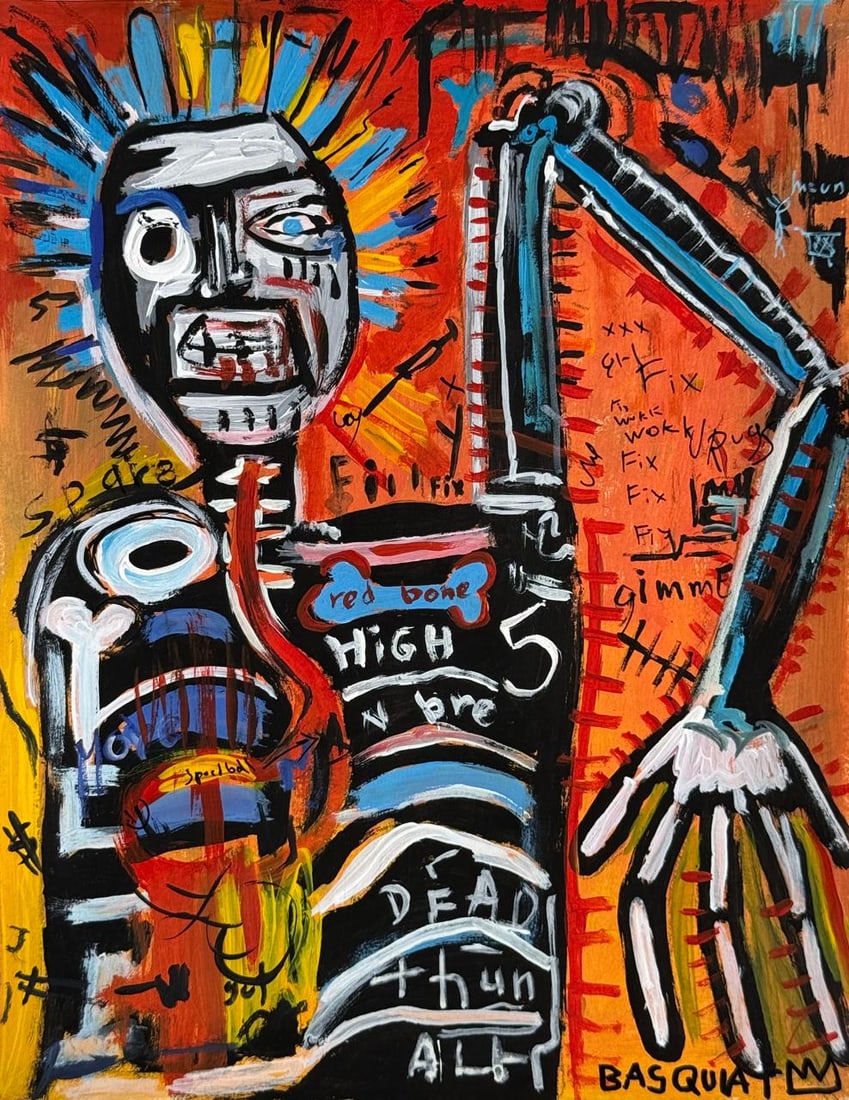 Jean-Michel Basquiat (Drawing on Paper Painting) Style of: Drawing on paper 8 x 10½ inches, rendered in the style of Jean-Michel Basquiat (22 Dec 1960 - 12 Aug 1988) was an American artist who rose to success during the 1980s as part of the Neo-express