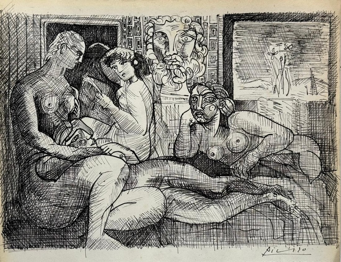 Pablo Picasso Spanish (Drawing on Paper Painting) Style of: Drawing on paper 8 x 10½ inches, rendered in the style of Pablo Picasso (25 Oct 1881 - 08 Apr 1973) was a Spanish painter,he grew up in Barcelona, showing artistic talent at an early age. Condi